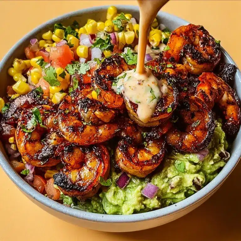 Grilled Shrimp Bowl with Avocado, Corn Salsa & Creamy Sauce Recipe