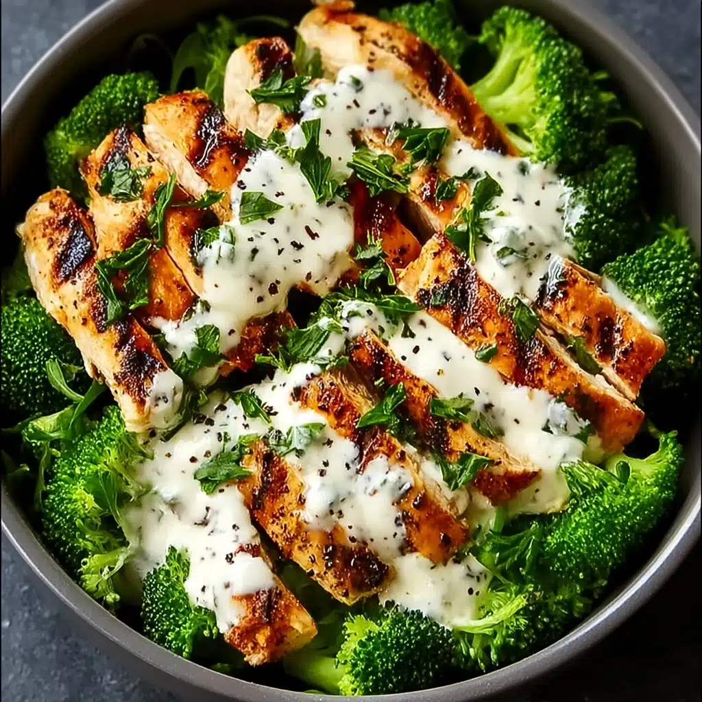Grilled Chicken & Broccoli Bowls with Creamy Garlic Sauce Recipe - Recipe Image