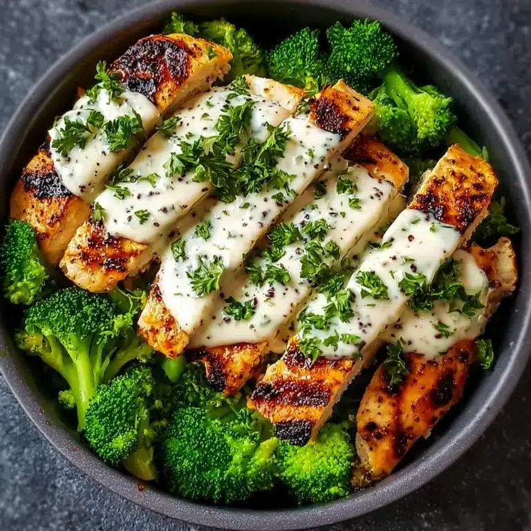 Grilled Chicken & Broccoli Bowls with Creamy Garlic Sauce Recipe