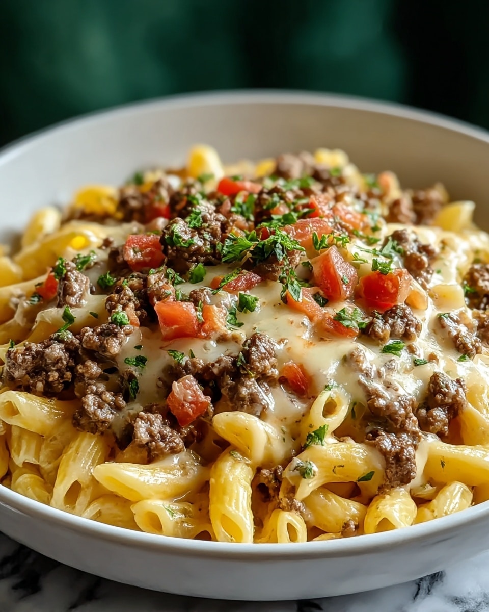 The dish shows a close-up of pasta with three layers visible: the bottom layer is short, tube-shaped pasta in a light yellow color with a smooth texture, the middle layer is melted cheese that is creamy white and coats the pasta evenly, and the top layer is small pieces of browned ground meat scattered all over with bits of chopped red tomatoes and green herbs sprinkled on top for color. The food is served in a white bowl placed on a white marbled surface with a slightly blurred green background. photo taken with an iphone --ar 4:5 --v 7