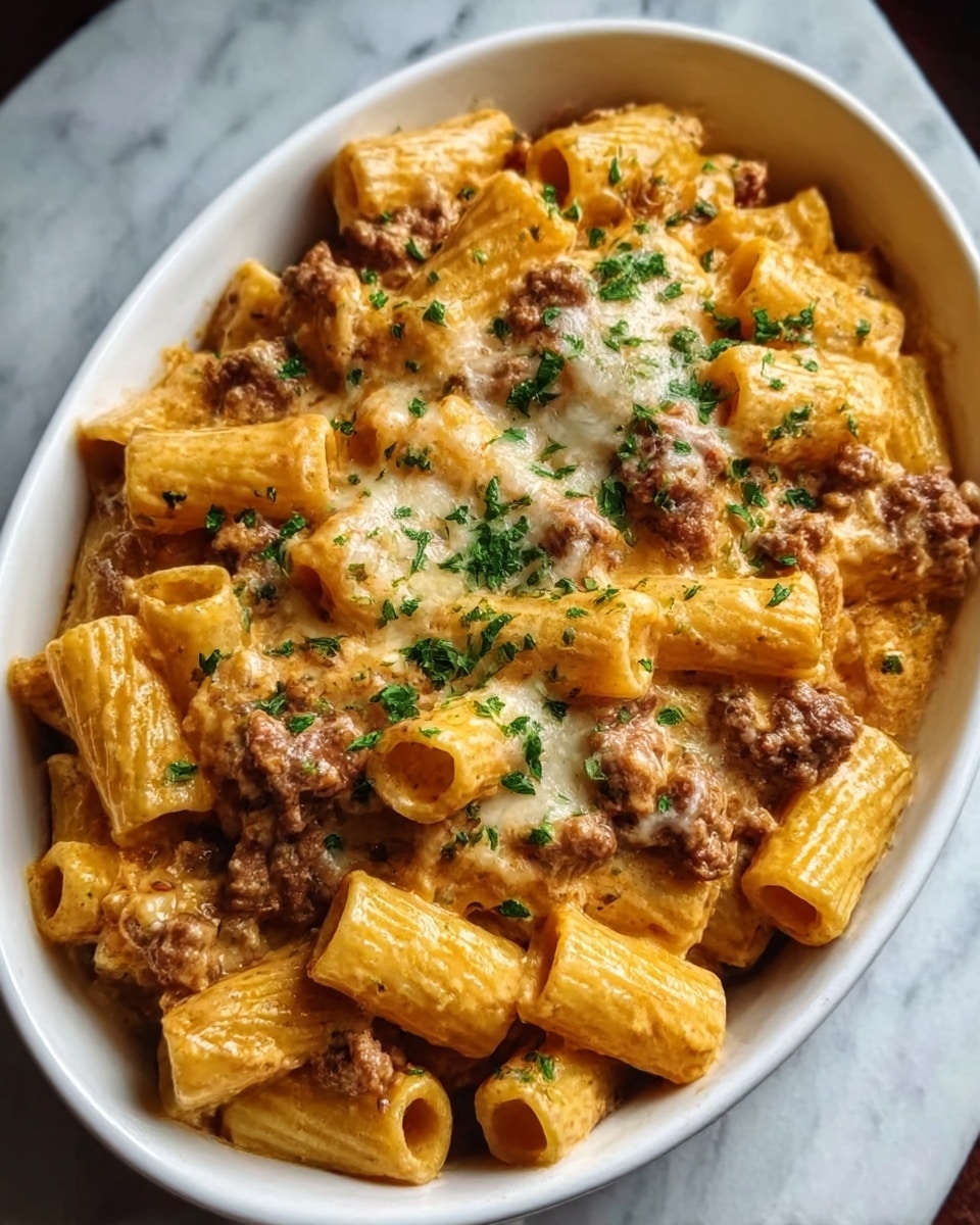 A white oval bowl filled with rigatoni pasta coated in a creamy, orange-tinted sauce mixed with browned ground meat pieces. The pasta is topped with melted cheese that has a slight golden crust and sprinkled with finely chopped green herbs. The bowl sits on a white marbled surface. Photo taken with an iphone --ar 4:5 --v 7