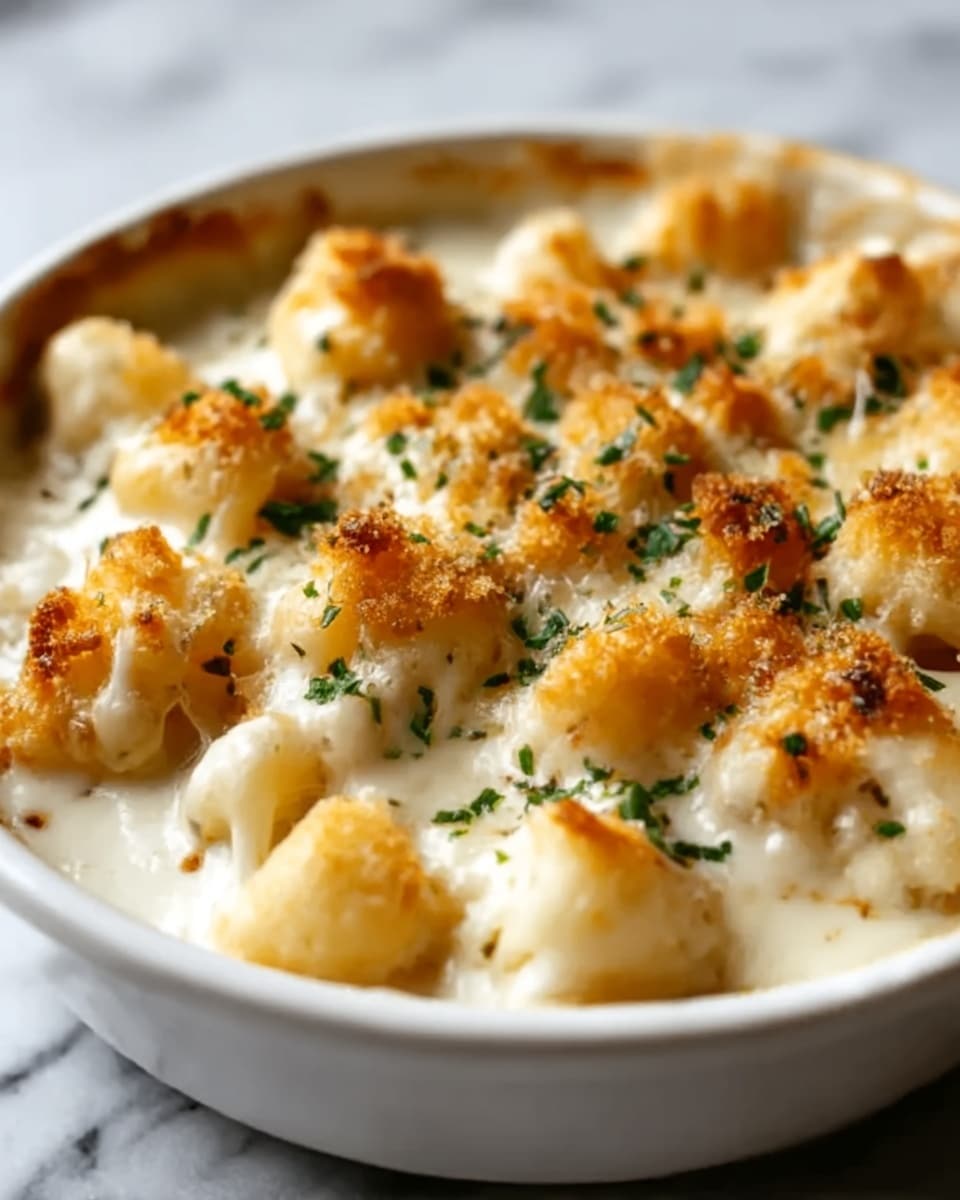 A white bowl filled with creamy cauliflower gratin, showing about three layers: the bottom layer is a smooth, white cheese sauce, the middle layer has soft, light golden cauliflower pieces, and the top layer is covered with small, golden-brown toasted cheese bits scattered evenly, with some green herbs sprinkled on top for color. The bowl sits on a white marbled surface. photo taken with an iphone --ar 4:5 --v 7