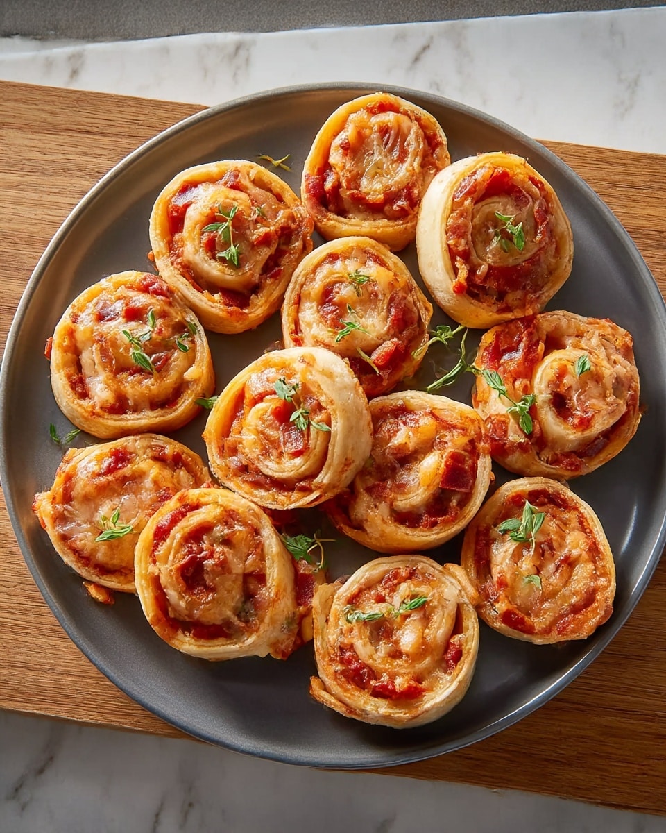 A round gray plate holds eleven small rolled pizza pinwheels arranged in a slightly loose circle. Each pinwheel shows three visible layers: a light tan outer dough layer, a bright red tomato sauce layer, and a melted, light brown cheese layer mixed with bits of herbs. Fresh green thyme leaves are scattered on top, adding a pop of color. The plate sits on a wooden board with a white marbled texture underneath. Photo taken with an iphone --ar 4:5 --v 7