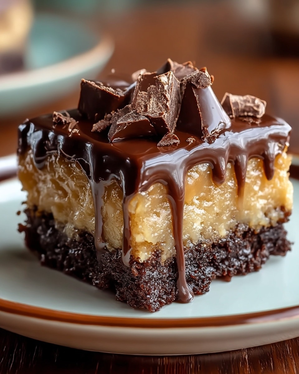 A square piece of cake with three distinct layers sits on a white plate with a thin dark rim, placed on a white marbled surface. The bottom layer is dark, moist chocolate cake with a rough texture. The middle layer is a thick, gooey caramel or coconut mixture that looks sticky and slightly shiny. The top layer is a smooth, glossy milk chocolate ganache, dripping slightly over the sides, covered with large chunks of dark chocolate scattered unevenly. Photo taken with an iphone --ar 4:5 --v 7