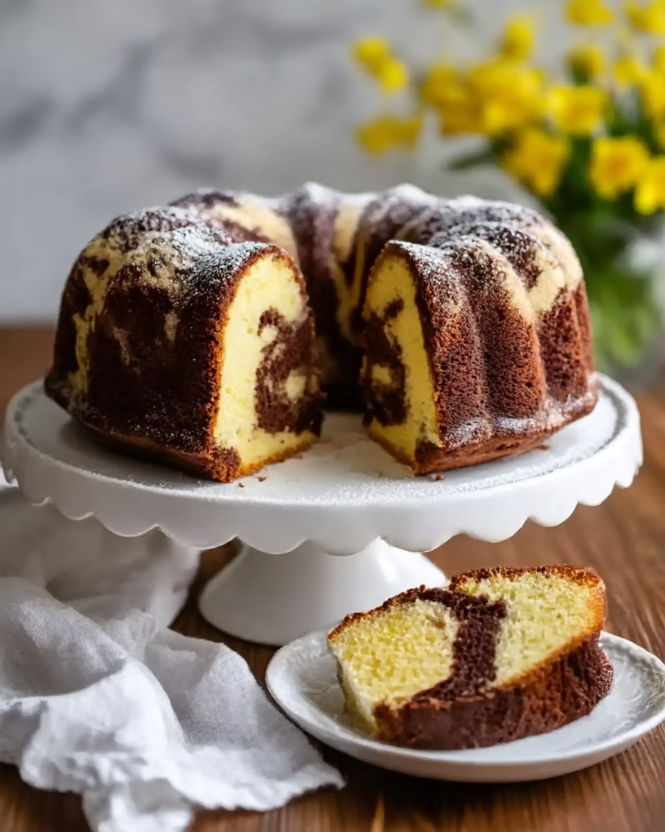 A marble bundt cake with a deep chocolate brown outer layer swirled with creamy beige, sitting on a white scalloped cake stand. A thick slice is cut out, showing layers of soft yellow vanilla cake inside with dark chocolate streaks creating a marbled effect. The cake has a glossy finish and fine powdered sugar dusted on top. On the wooden surface, a white cloth is casually placed beside the cake stand with a white plate holding the slice of cake. The background features a blurred bouquet of yellow flowers on a white marbled surface. Photo taken with an iphone --ar 4:5 --v 7