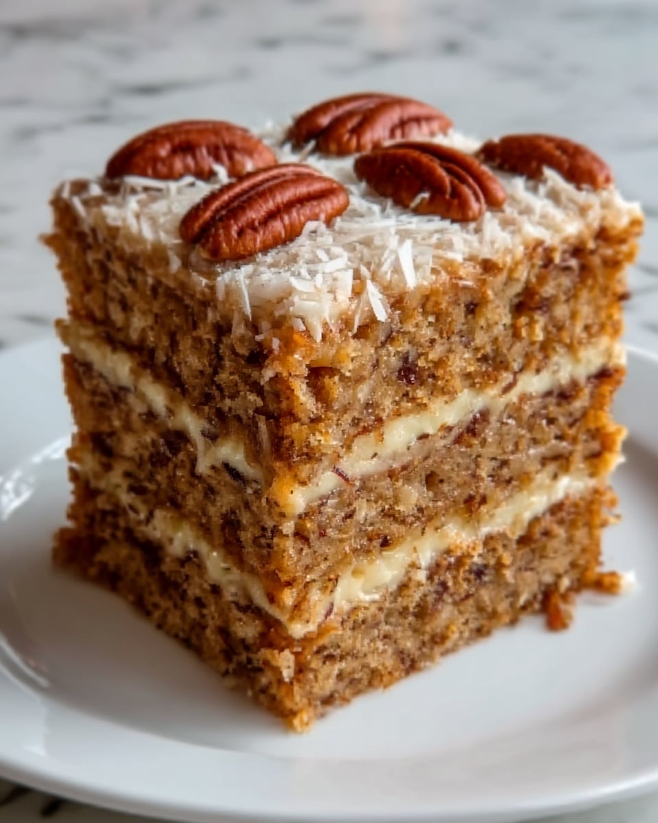 A close-up image of a square piece of multi-layered cake on a white plate. The cake has at least three visible layers, each with a moist, light brown crumb and a darker brown filling in between. The top layer is covered with a glossy, nutty topping, sprinkled with shredded white coconut flakes and several whole pecans placed on the surface. The texture of the cake looks soft and slightly crumbly. The plate sits on a white marbled surface. Photo taken with an iphone --ar 4:5 --v 7