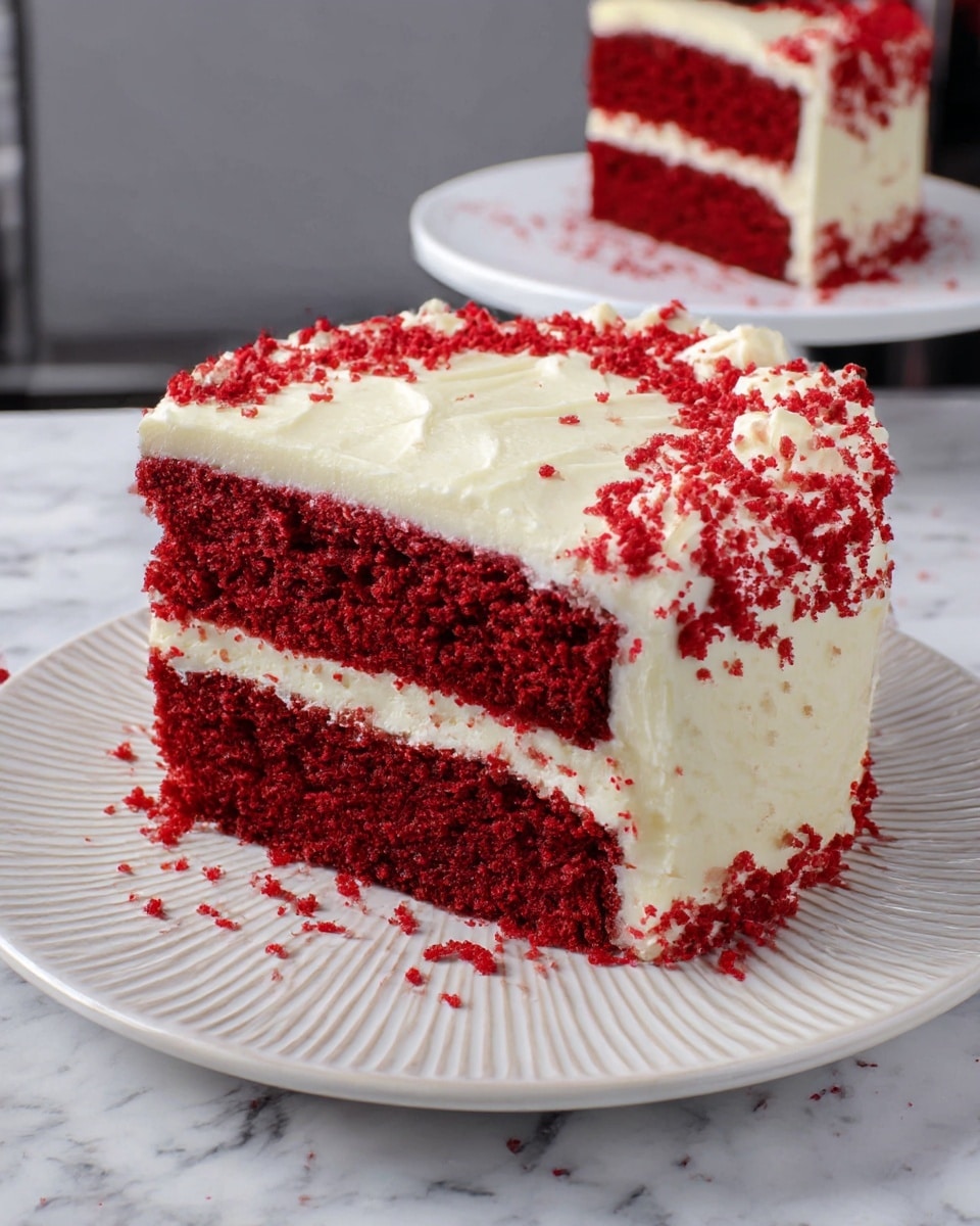 A slice of red velvet cake sits on a white plate, showing two thick layers of deep red, soft, and moist cake with a layer of creamy, smooth white frosting in between. The entire slice is covered with a thick, even coating of white frosting around the sides and top, which looks soft and creamy with slight texture marks from spreading. The plate is placed on a white marbled surface with a blurred second slice of the same cake partially visible in the background. Photo taken with an iphone --ar 4:5 --v 7