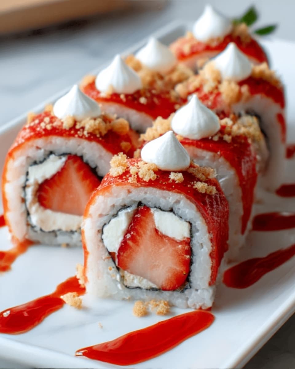 The image shows a close-up of six sushi rolls neatly arranged on a white rectangular plate, placed on a white marbled surface. Each roll has a center filled with a piece of strawberry, wrapped in a layer of white rice, and wrapped outside with a red strawberry layer. The rolls are topped with small white dollops of cream and light brown crumbly bits sprinkled over them. A glossy red sauce is drizzled beside and on top of the sushi, adding a shiny texture. The colors are bright with red, white, and light brown standing out. Photo taken with an iphone --ar 4:5 --v 7