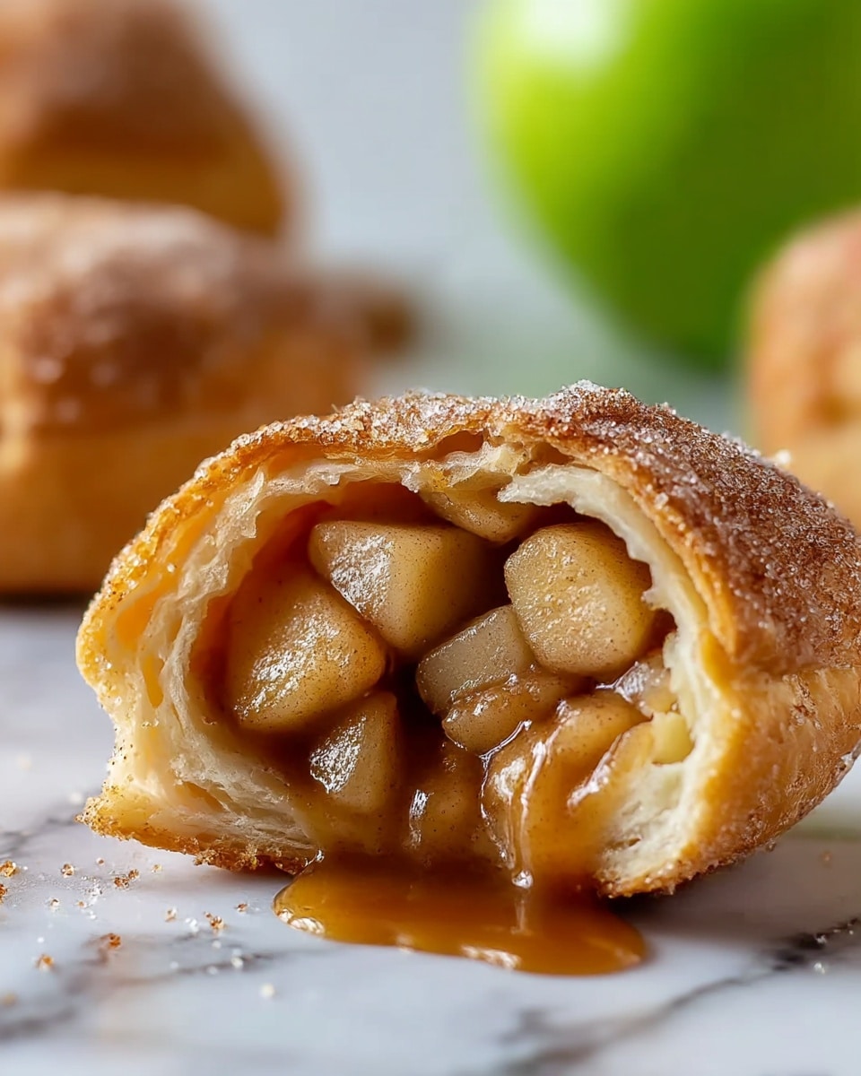 A close-up of a single apple-filled pastry partially broken open, showing three main layers: a crispy outer layer sprinkled with coarse sugar and cinnamon, a middle golden-brown flaky crust, and a juicy inner filling made of light brown cooked apple chunks coated in a glossy cinnamon sauce that is slightly dripping out; the background shows blurred parts of another similar pastry and a green apple on a white marbled surface. photo taken with an iphone --ar 4:5 --v 7