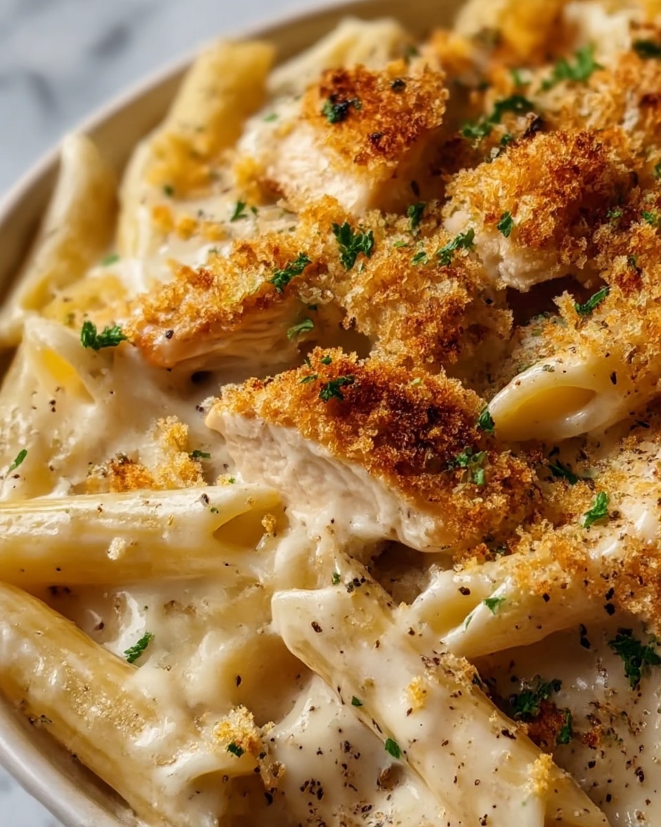 The image shows a close-up of a creamy pasta dish with a mix of penne pasta and small pieces of chicken. The pasta is coated in a thick white cheese sauce that looks smooth and rich. On top of the chicken pieces and scattered on the pasta, there are crunchy golden brown breadcrumbs giving a crispy texture. Some small green parsley pieces are sprinkled for color, along with specks of black pepper. The dish looks warm, creamy, and inviting, all placed on a white marbled surface. photo taken with an iphone --ar 4:5 --v 7