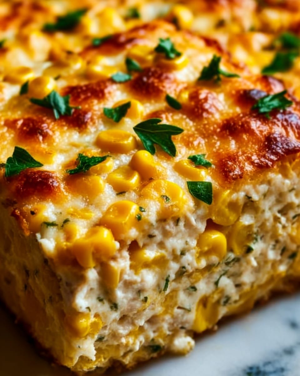 A close-up of a cheesy baked corn dish shows two thick, square pieces. Each piece has four visible layers: the bottom layer looks creamy and white, the next layer is filled with yellow corn kernels, followed by a layer mixed with bits of herbs and melted cheese, and the top is golden brown with bubbly melted cheese and small green parsley leaves scattered on top. The dish rests on a white marbled surface. photo taken with an iphone --ar 4:5 --v 7