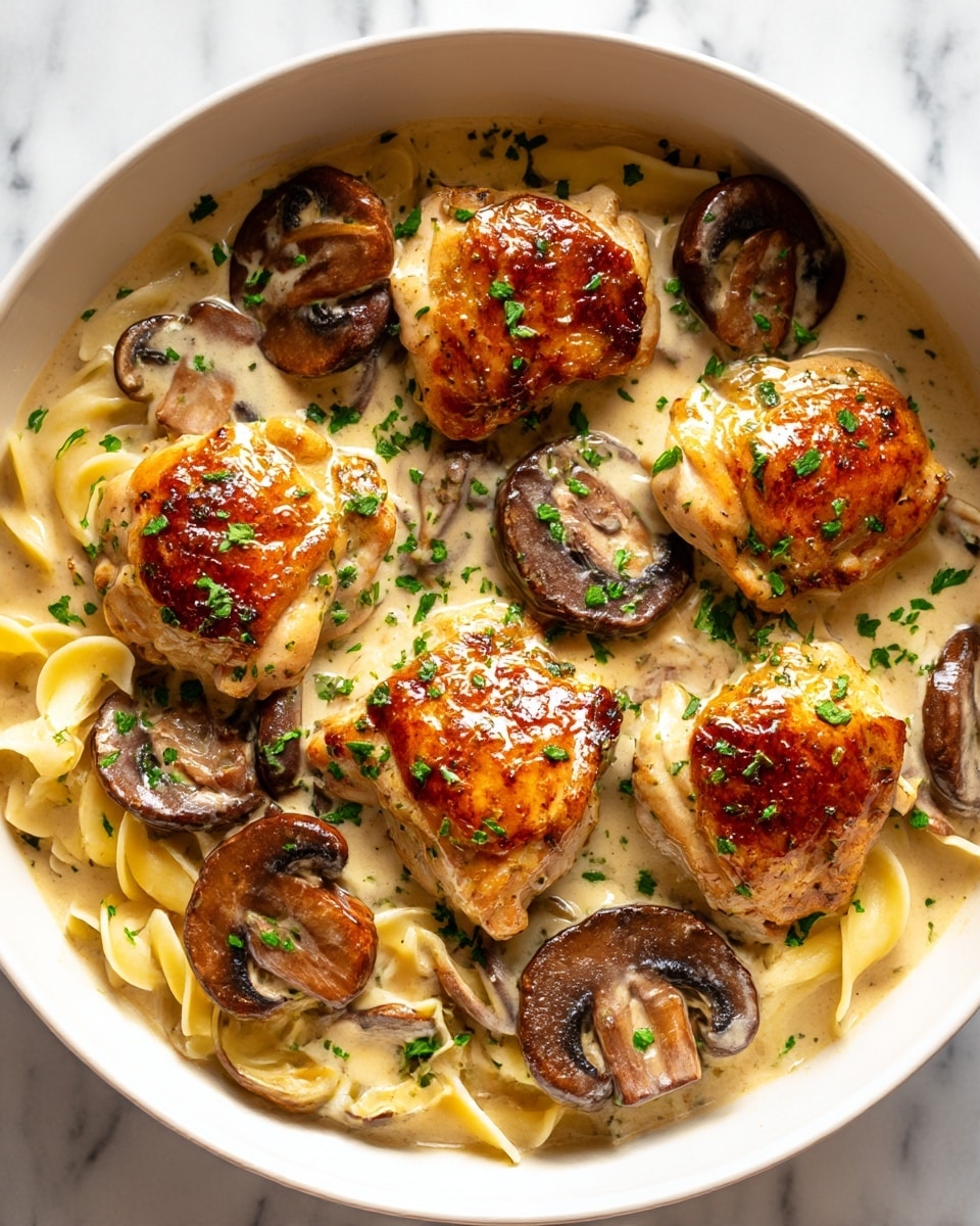 The dish shows six browned chicken pieces sitting in a creamy, light brown sauce with herbs on top. Sliced and whole cooked mushrooms, in shades of brown, mix with the chicken inside a white bowl. At the edges, soft yellow noodle pieces add another layer. Small green parsley pieces are scattered across the dish for color. The bowl rests on a white marbled surface. photo taken with an iphone --ar 4:5 --v 7