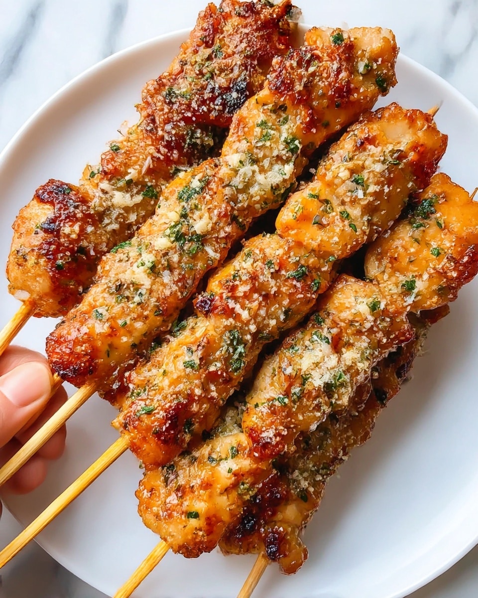 Four grilled skewers of chicken with a golden brown color and crispy edges are shown close up. The chicken is covered with small bits of grated cheese and green herbs scattered evenly on each skewer. The skewers are held together by a woman's hand at the bottom left corner. All the skewers lie on a plain white plate that is placed on a white marbled surface. The texture of the chicken looks juicy and slightly sticky from a glaze. photo taken with an iphone --ar 4:5 --v 7