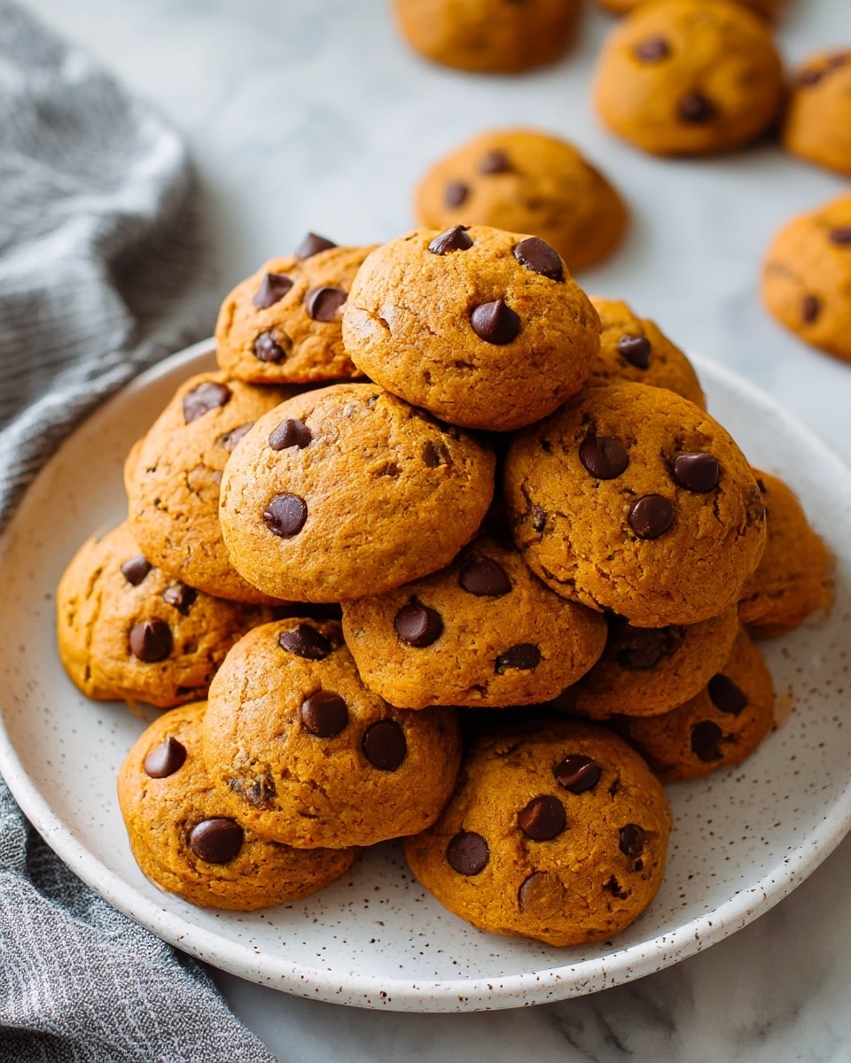 A white speckled plate filled with about fifteen round, soft pumpkin chocolate chip cookies stacked in layers, each cookie showing a golden-orange color with dark brown chocolate chips scattered on top, giving a slightly bumpy texture. The plate rests on a white marbled surface with a gray cloth with white stitches partially visible on the left side. In the background, out of focus, there are a few more cookies and a white textured jar. Photo taken with an iphone --ar 4:5 --v 7
