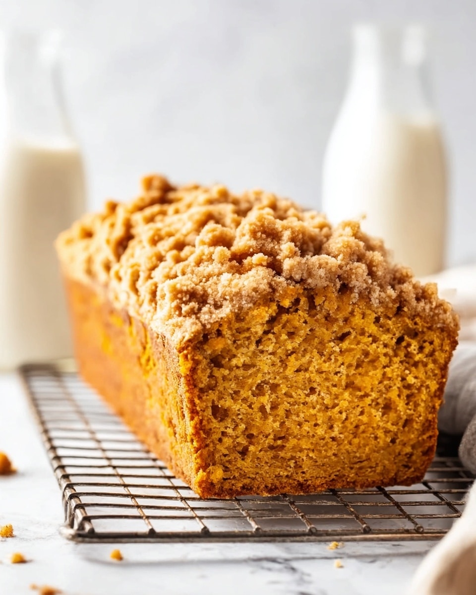 The image shows a loaf of pumpkin bread with a crumbly streusel topping. The loaf has a golden brown color, with a dense, moist texture inside visible from the cut end. The streusel on top is light brown, crumbly, and unevenly spread, adding a rough texture. The loaf sits on a metal cooling rack placed on a white marbled surface. In the background, there are blurred glass bottles with white lids. Photo taken with an iphone --ar 4:5 --v 7