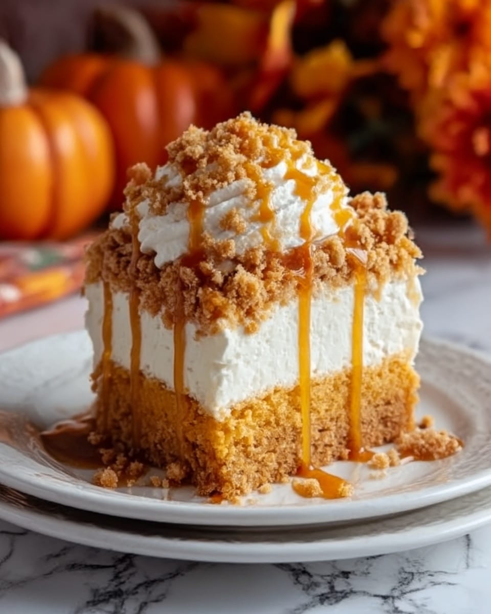 A tall slice of cake sits on a white plate placed on a white marbled surface. The bottom layer is a moist orange-colored cake, topped with a thick, fluffy white cream layer. On top of the cream is a crumbly brown streusel topping that spills over the sides and onto the plate. Caramel sauce is drizzled over the top, running down the sides of the cake and mixing with the crumbs on the plate. Warm, autumn decorations with pumpkins are softly blurred in the background, adding a cozy feel. Photo taken with an iphone --ar 4:5 --v 7