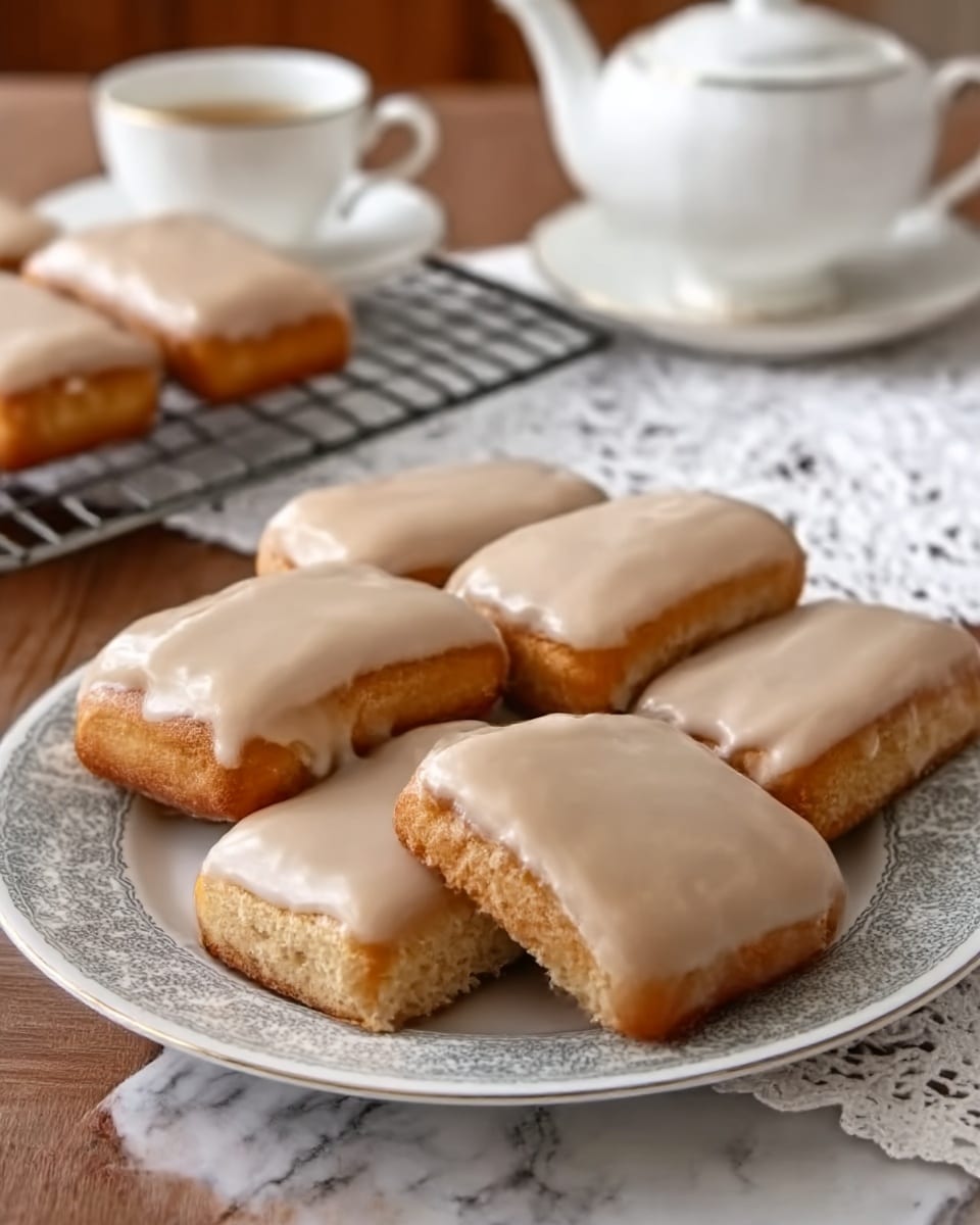 A white plate holds five rectangular pastries with light brown icing on top. Each pastry has two visible layers: a golden-brown base and a smooth, shiny icing layer that covers the entire top and edges. The pastries are arranged close together on the plate, which is placed on a wooden surface. In the background, there is a wire rack with more pastries and a white cup and teapot set near a white marbled surface. A woman's hand is reaching toward one pastry. Photo taken with an iphone --ar 4:5 --v 7