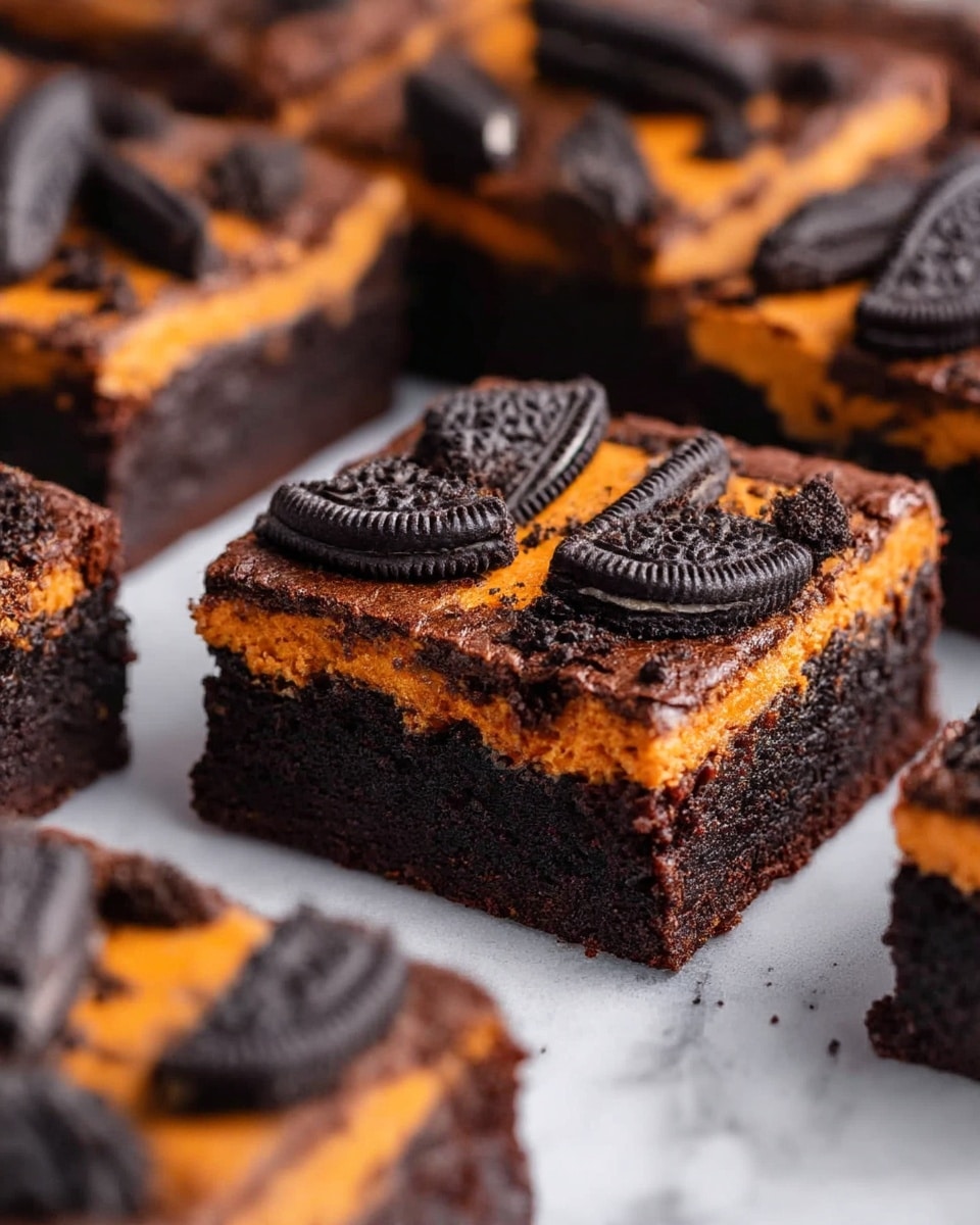 The image shows rich chocolate brownies cut into squares, each with two visible layers: a thick dark brown bottom layer and a slightly lighter brown top layer. Inside the brownies, there is a visible thin layer of bright orange filling. The tops are decorated with pieces of black and orange sandwich cookies scattered unevenly, adding texture and color contrast. The surface underneath is a white marbled texture. Photo taken with an iphone --ar 4:5 --v 7
