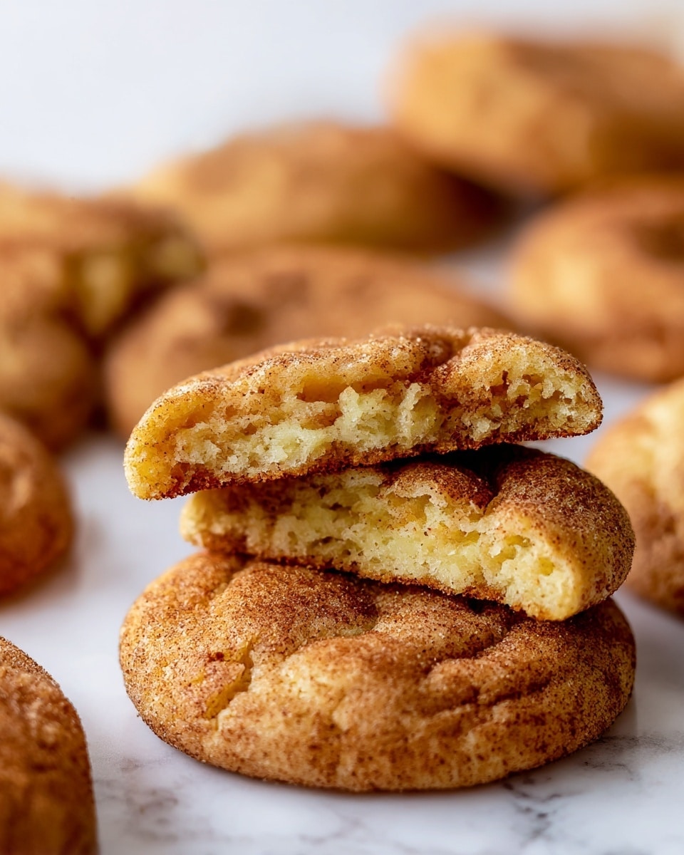 The image shows soft, round cookies covered in a layer of cinnamon sugar, giving them a light brown powdery texture on top. One cookie is broken in half to reveal a soft, chewy inside with a warm, light golden color and a slightly gooey center. The cookies are placed on a white marbled surface, scattered casually. The rough surface of the cookies shows small cracks and a slightly crinkled pattern, adding to their homemade look. Photo taken with an iphone --ar 4:5 --v 7