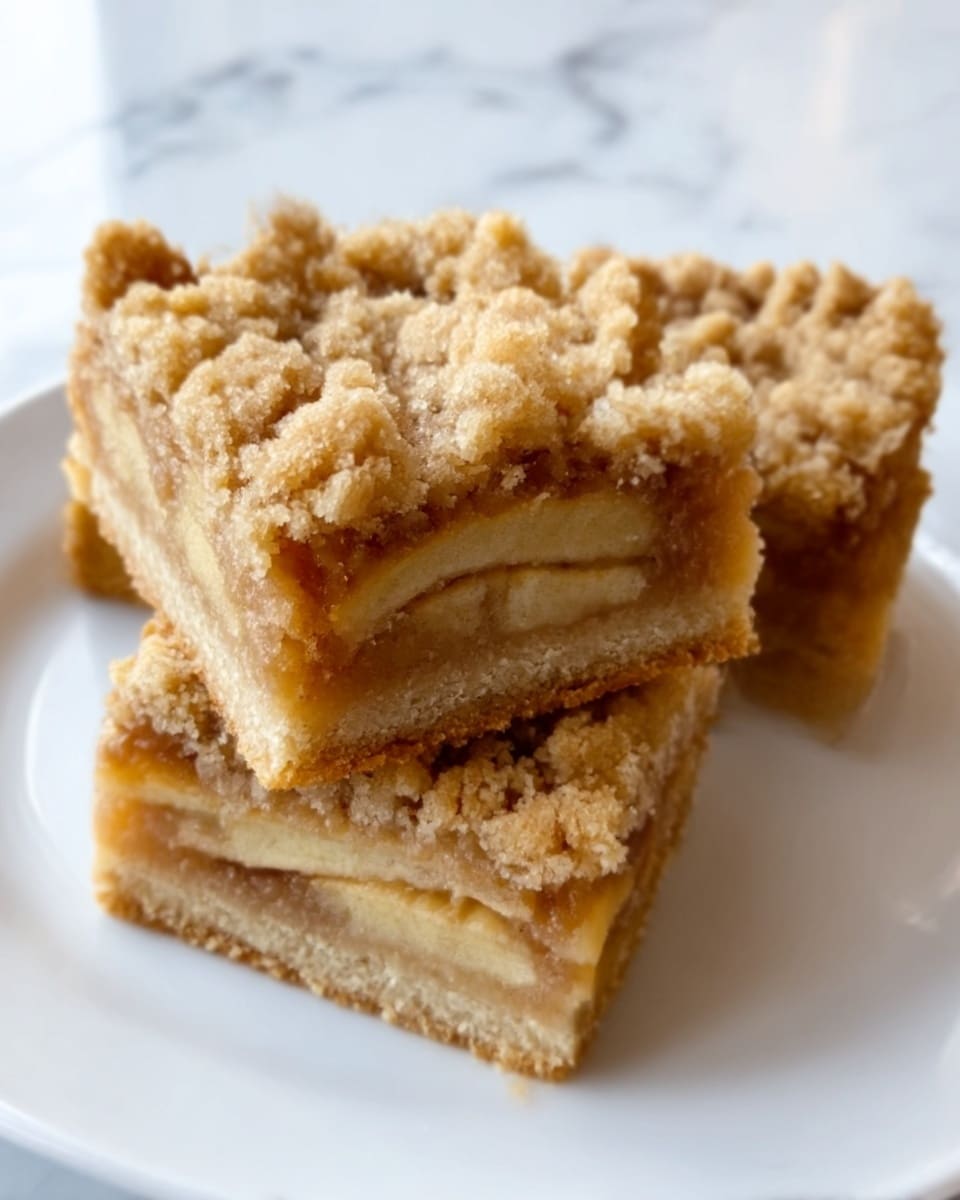 The image shows three square pieces of apple crumble bars on a white plate with thin vertical lines around the rim. Each bar has three visible layers: a light brown crumbly crust at the bottom, a middle layer of cooked apple slices with a pale yellow and slightly translucent look, and a top layer of golden-brown crumbly topping with small chunks giving a rough texture. The bars are placed close together with some soft shadows, and the background is a white marbled surface. Photo taken with an iphone --ar 4:5 --v 7