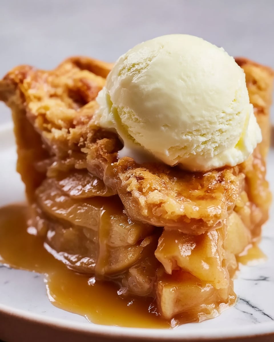 A close-up view of a slice of apple pie with a golden-brown, flaky crust that is thick and crumbly on the edges, filled with soft, glossy apple slices mixed with cinnamon and syrup that oozes slightly onto the plate; on top of the pie slice sits a smooth, round scoop of creamy white vanilla ice cream beginning to melt, creating a light drizzle down the pie and plate, which is white with a subtle rim design, set on a white marbled surface. photo taken with an iphone --ar 4:5 --v 7