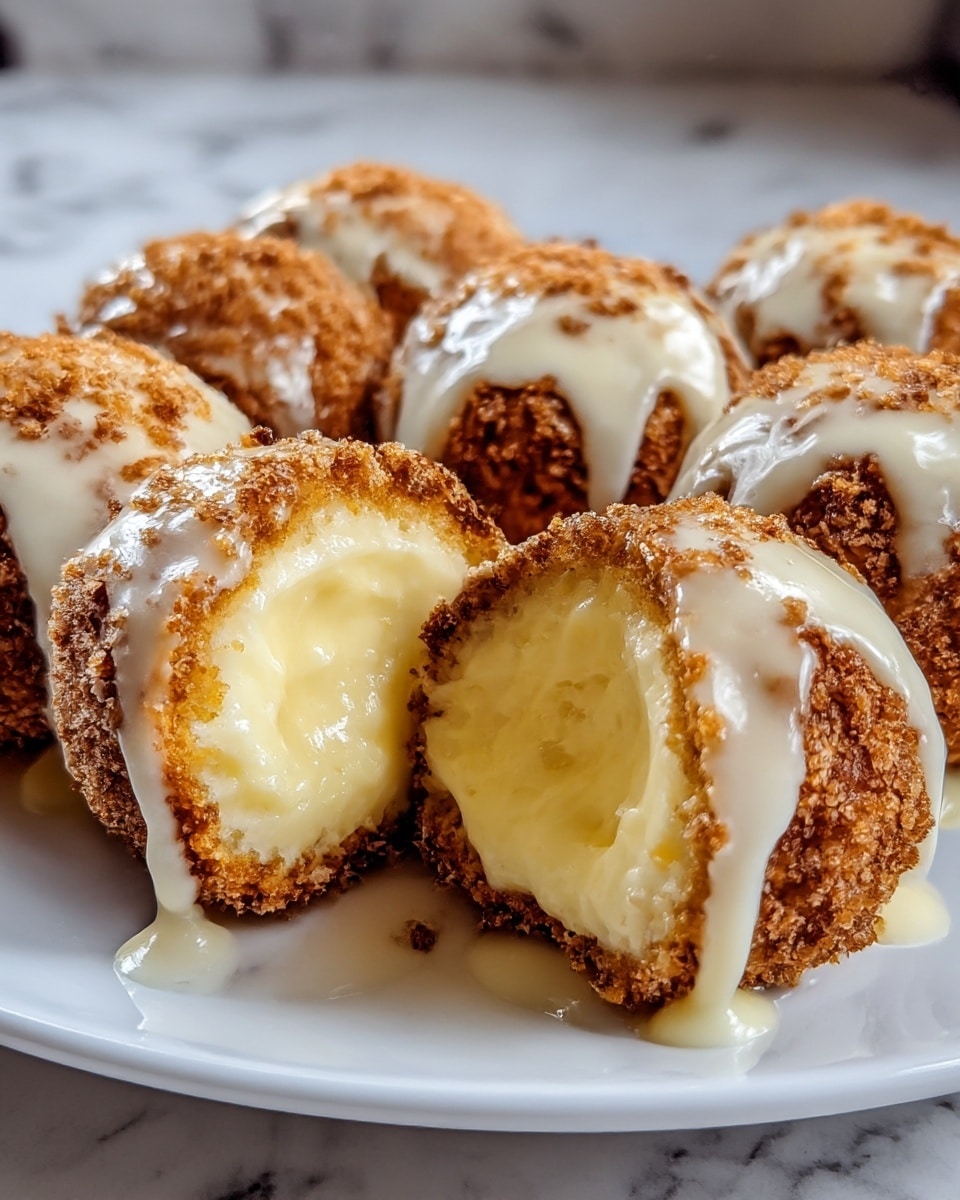 The image shows several round dessert balls placed on a white plate with a white marbled texture underneath. Each dessert ball has three layers: the outermost layer is a golden-brown crispy coating with a rough texture, the middle layer is smooth and creamy off-white filling, and the innermost layer is a rich, thick pale yellow custard that looks soft and slightly melting. One of the dessert balls is cut open in the front, showing the gooey custard oozing out slowly. The lighting is warm and close, highlighting the texture and creamy richness of the dessert. Photo taken with an iphone --ar 4:5 --v 7