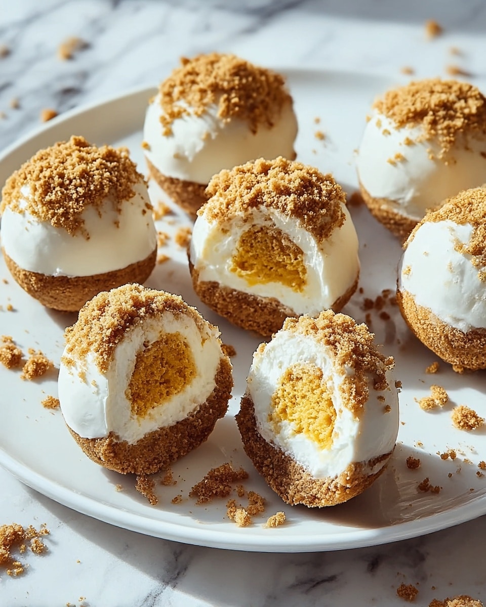 The image shows six round dessert balls placed on a white plate with a white marbled surface in the background. Each ball has three visible layers: the bottom layer is a crumbly brown base, the middle layer is smooth white cream, and the top layer is a crumbly light brown coating that covers the cream and part of the base. Two of the balls are cut in half, showing an inner soft, dense caramel-colored center surrounded by the white cream, all topped with the crumbly coating. Some crumbs are scattered on the plate around the balls. photo taken with an iphone --ar 4:5 --v 7