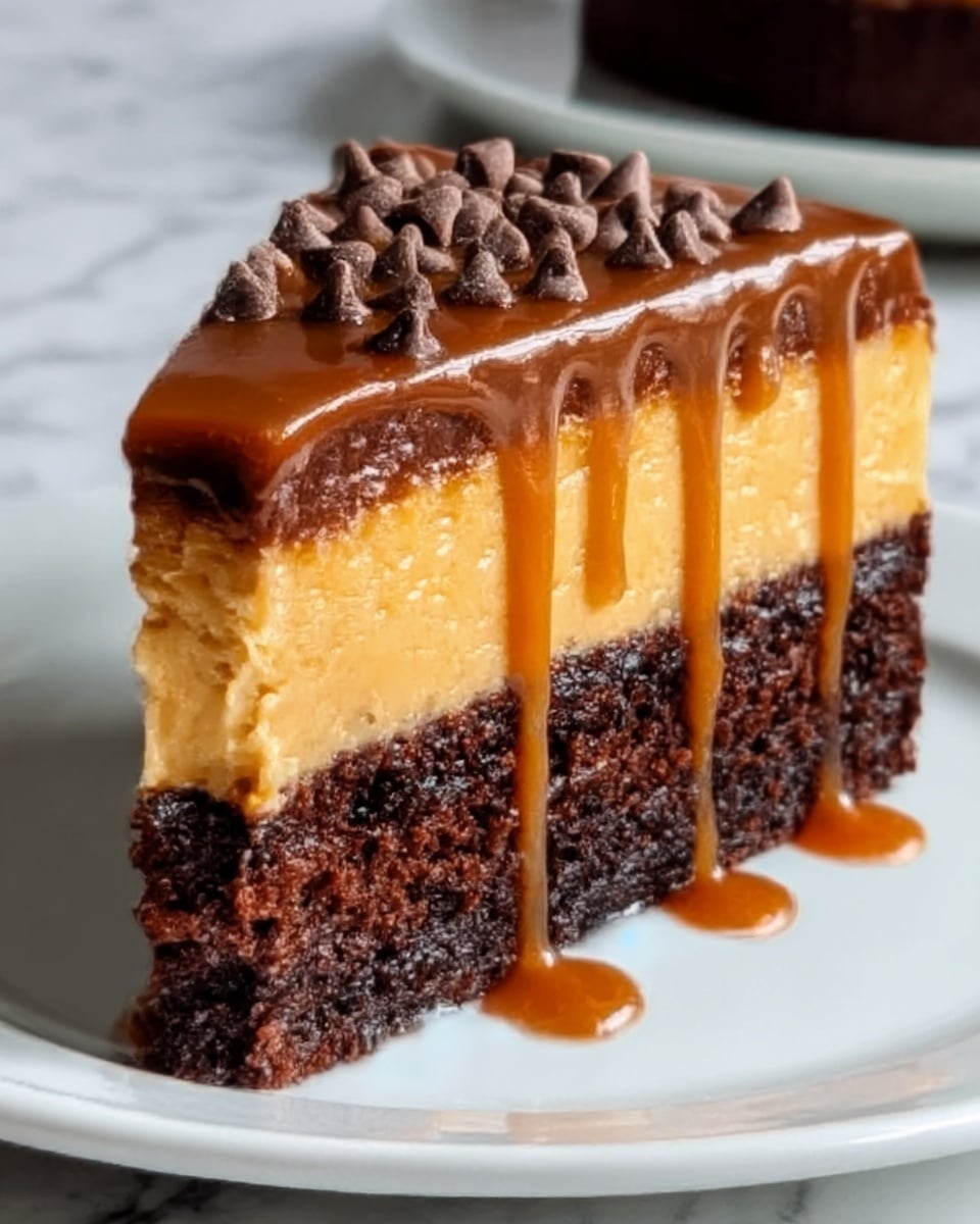 A slice of dessert shows three clear layers on a white plate placed on a white marbled surface. The bottom layer is dark brown and looks like a dense chocolate brownie. The middle layer is a creamy light yellow, smooth and thick. The top layer is shiny caramel sauce that drips down the sides, with small chocolate chips sprinkled on top. The caramel is glossy and rich looking. Photo taken with an iphone --ar 4:5 --v 7