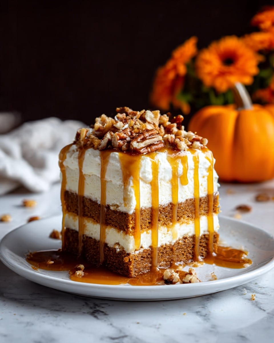 A thick slice of pumpkin dessert with three visible layers stands on a white plate on a white marbled surface. The bottom layer is a moist, dense pumpkin cake with a rich orange-brown color. On top of that is a thick white creamy layer, smooth and soft. Another layer of the same pumpkin cake follows, holding a generous amount of white cream that is slightly melting down the sides. The top is covered with a shiny golden caramel sauce that drips down the sides and pools on the plate. Chopped walnuts sprinkled on top add texture and a bit of crunch. In the background, blurred orange pumpkins and fresh orange flowers add warm autumn colors. photo taken with an iphone --ar 4:5 --v 7