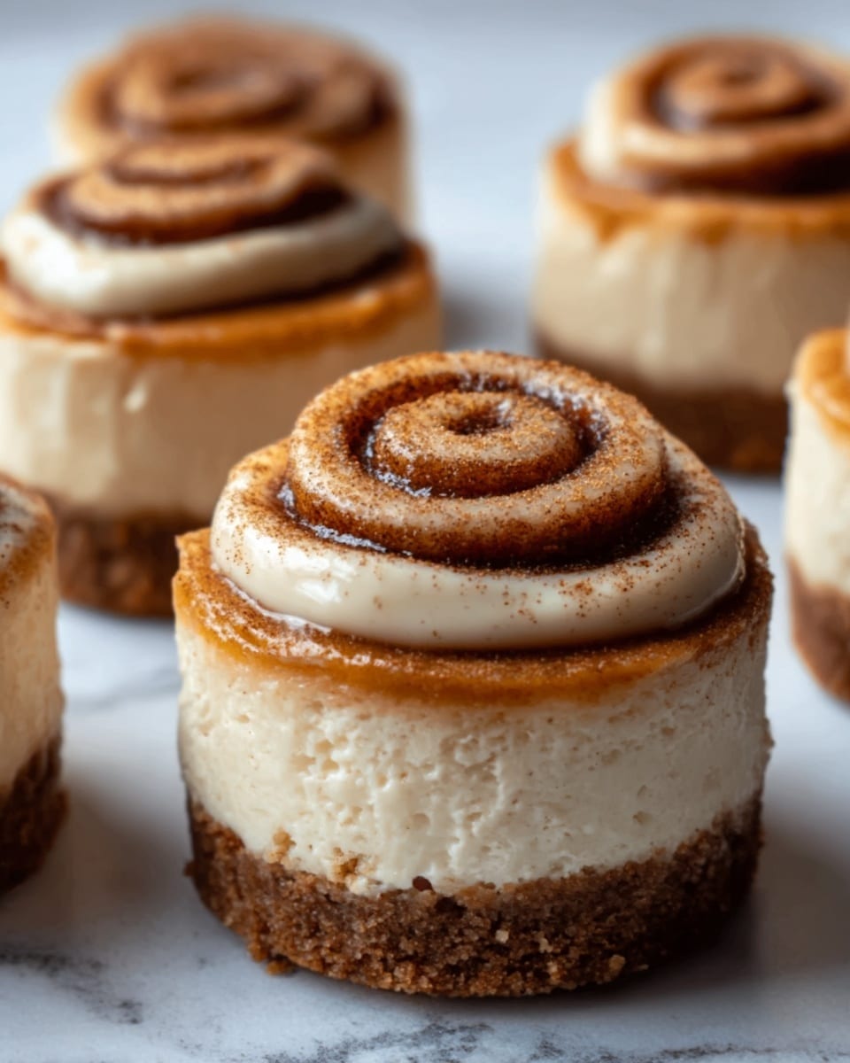 Three mini cheesecakes sit on a white marbled surface, each with a thick, crumbly dark brown crust at the bottom. Above the crust is a creamy, pale beige cheesecake layer, smooth and firm. On top of each cheesecake, a cinnamon roll shaped swirl with a rich brown color and a sugary texture crowns the dessert. Delicate white cream is piped around the cinnamon swirl, adding a soft, fluffy texture and a bright contrast. The lighting highlights the soft texture of the cream and the shiny glaze on the cinnamon roll, making the whole scene look inviting and fresh. Photo taken with an iphone --ar 4:5 --v 7
