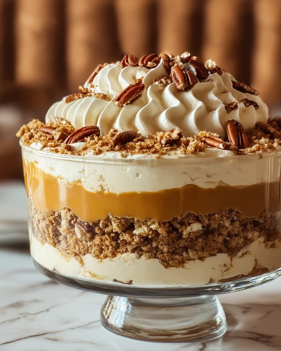 The image shows a dessert in a clear glass bowl with multiple layers. The bottom layer is a crumbly brown mixture, followed by a smooth light caramel layer. Above this is a creamy off-white layer, then another crumbly brown layer mixed with the caramel. On top is a thick layer of white whipped cream piped in swirls. The dessert is finished with a generous sprinkle of crushed nuts and whole pecans scattered on top. The background is a white marbled texture. photo taken with an iphone --ar 4:5 --v 7