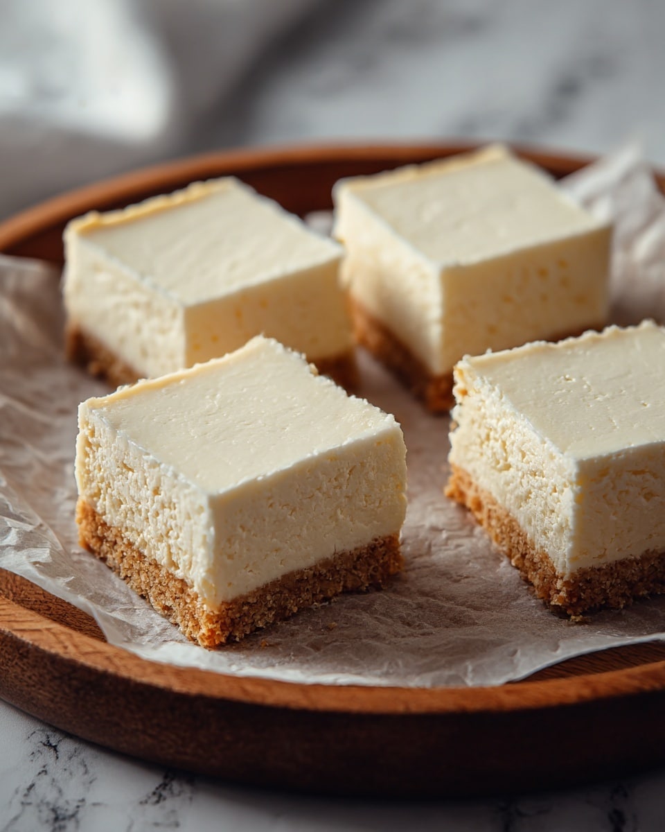 The image shows four square pieces of cheesecake arranged closely on white parchment paper inside a round wooden tray. Each piece has three layers: a crumbly light brown base, a thick creamy off-white middle layer, and a smooth pale cream top layer. The edges of the cheesecake are clean-cut, revealing the distinct texture of each layer, while the surface of the top layer is glossy and flat. The whole setup sits on a white marbled surface with soft, natural lighting highlighting the creamy texture of the cheesecake. photo taken with an iphone --ar 4:5 --v 7