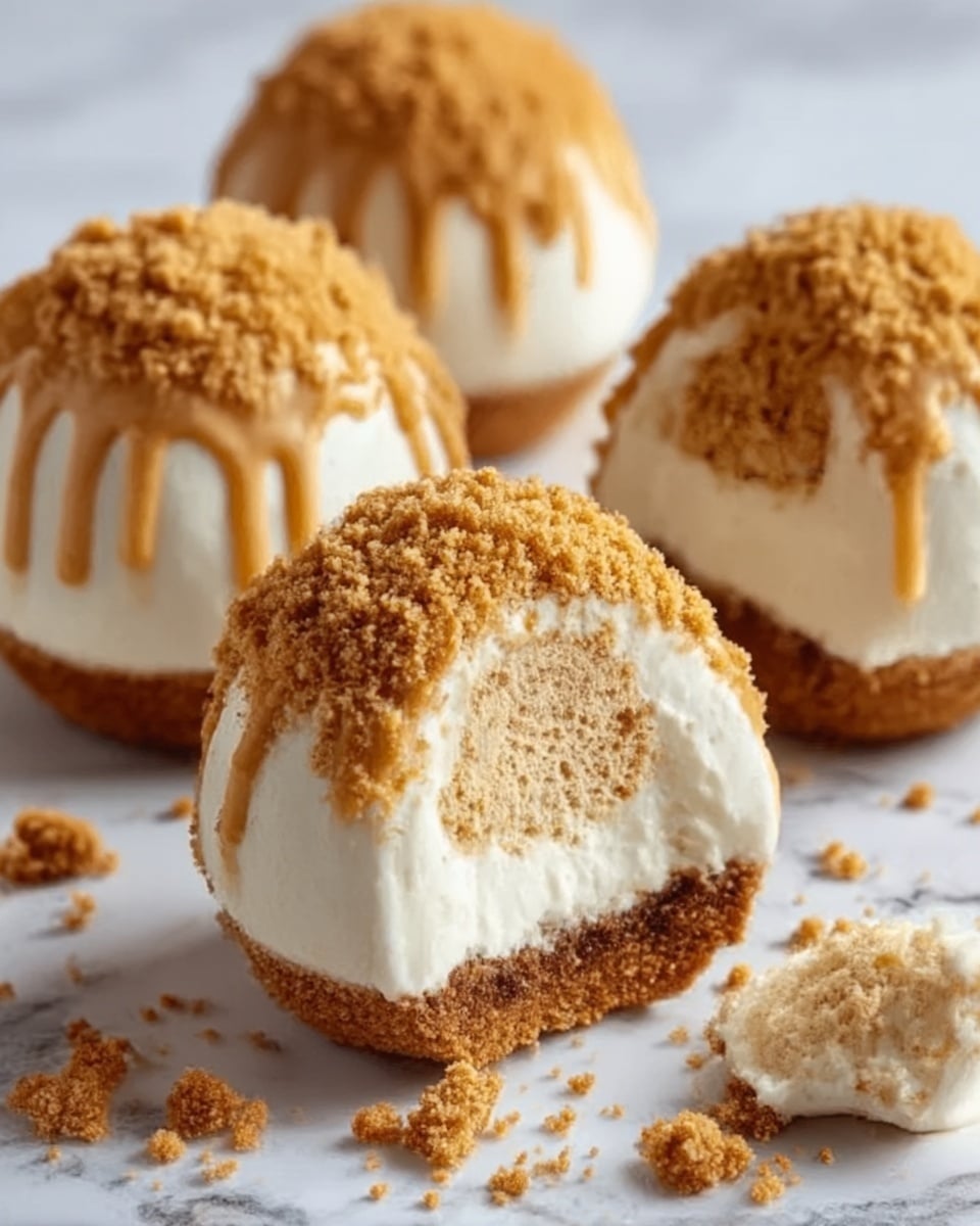 The image shows three round dessert balls on a white marbled surface. Each dessert has a crumbly light brown topping that covers the top half and drips slightly down the sides. The bottom layer is a firm, darker brown base with a crispy texture. The middle layer is a thick white cream, smooth and soft, surrounded by the crumbly outer layer. Inside, there is another creamy middle layer of light brown color, which looks fluffy and soft. Small crumbs are scattered near the desserts. The photo taken with an iphone --ar 4:5 --v 7