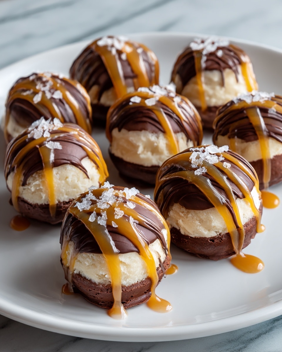 Seven round chocolate dessert balls are arranged closely on a white plate. Each ball has a bottom layer of dark chocolate with a rough texture, topped by a creamy off-white layer that looks smooth and soft. Thin lines of dark chocolate drizzle cover the top, crossing over thick golden caramel drizzles that flow slightly down the sides. Small coarse salt flakes are sprinkled on top, adding a bit of sparkle. The plate sits on a dark wooden surface with a white marbled texture in the background. Photo taken with an iphone --ar 4:5 --v 7