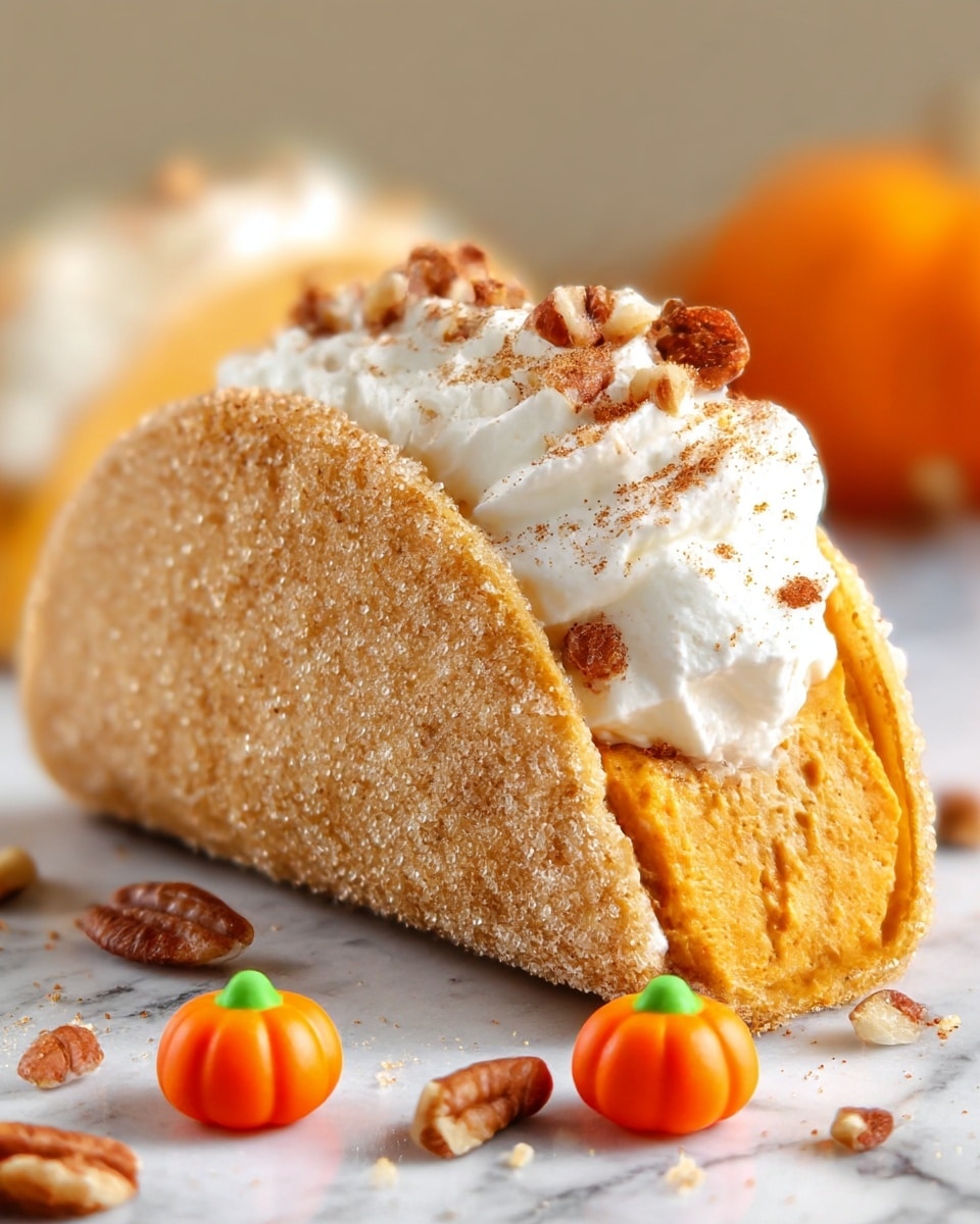 A close-up of a dessert shaped like a taco with three main layers: the shell is golden-brown and coated with sparkling sugar crystals, giving a rough texture; inside, there is a thick layer of smooth orange pumpkin filling on the bottom, topped with a thick layer of white whipped cream sprinkled with small brown nut pieces and a light dusting of cinnamon or spice powder on top. The dessert rests on a dark surface scattered with small chopped nuts and sugar granules, with small orange pumpkin-shaped candies placed near it. The background is softly blurred with a warm color tone. Photo taken with an iphone --ar 4:5 --v 7