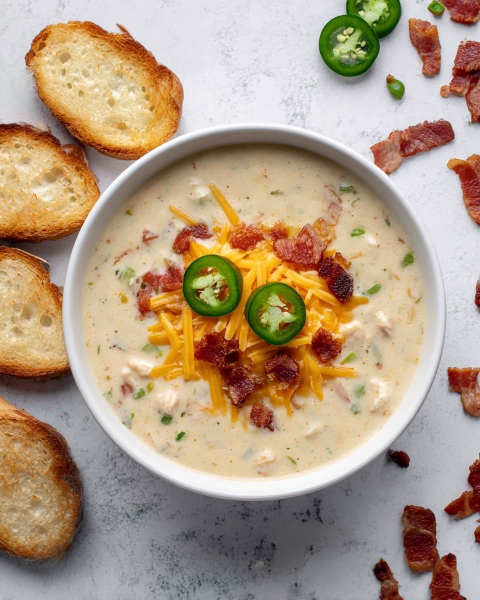 A white bowl filled with thick creamy soup that has small pieces of vegetables and chicken inside, topped with a layer of shredded orange cheddar cheese, then a layer of crispy brown bacon bits in the center, and three green jalapeño slices stacked on top. The bowl sits on a white marbled surface with a light white textured cloth under the left side. Around the bowl on the surface are three toasted bread slices with golden-brown crusts and some extra bacon bits and jalapeño slices scattered on the right. Photo taken with an iphone --ar 4:5 --v 7