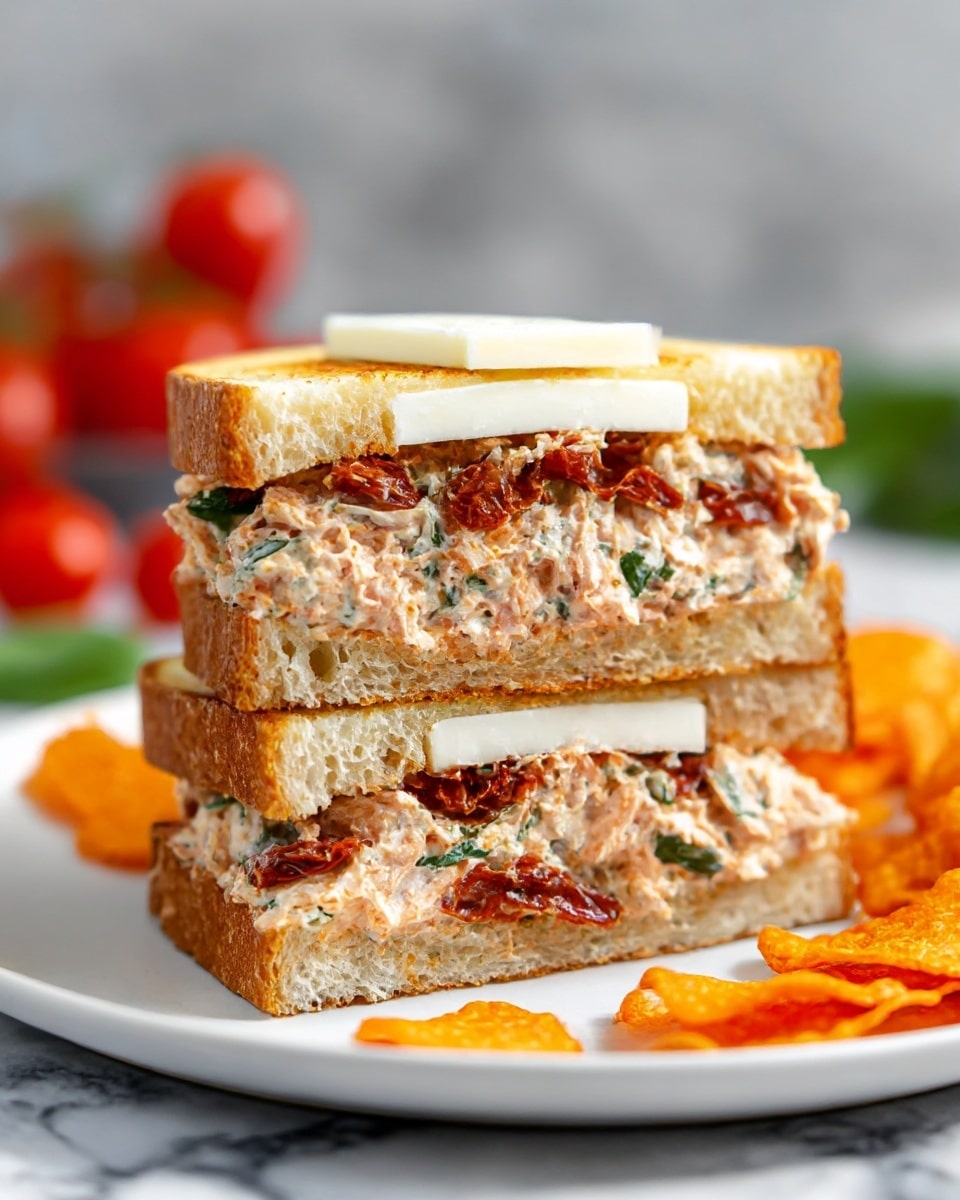A sandwich cut in half and stacked vertically on a white plate shows three main layers. The top and bottom layers are toasted bread, golden brown and crispy. The middle layer is creamy with chunks of chicken mixed with diced sun-dried tomatoes and fresh green herbs. Between the chicken and bread layers are slices of pale, smooth cheese. Small pieces of broken orange crackers surround the sandwich on the plate. The background has a soft focus with blurred red tomatoes and a white marbled surface beneath. Photo taken with an iphone --ar 4:5 --v 7