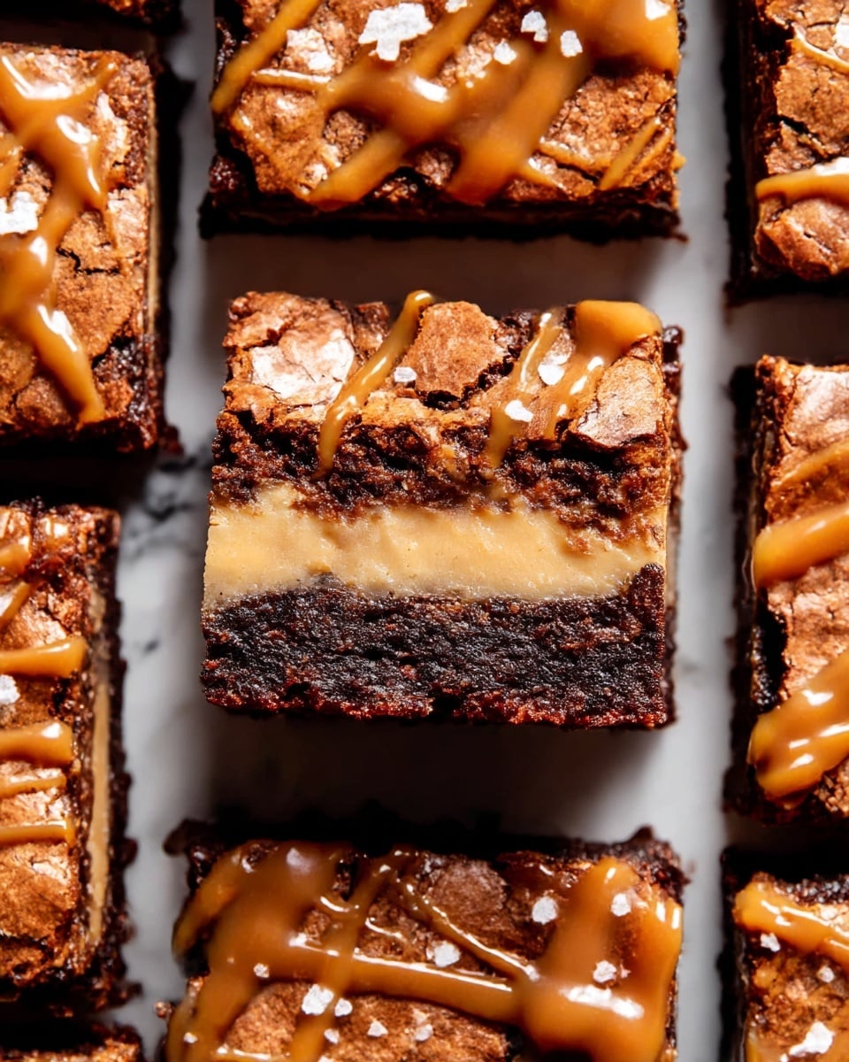 The image shows multiple square pieces of rich brownies arranged closely on a white marbled surface, with one piece lifted in the center revealing three distinct layers: a bottom dark chocolate brownie layer with a crumbly texture, a middle gooey caramel layer that looks smooth and shiny, and a top layer of peanut butter cookie dough with a slightly cracked, golden-brown surface. The top of each brownie piece is drizzled with a golden caramel sauce and sprinkled with coarse salt crystals that add texture and contrast. The overall look is dense, moist, and gooey with a mix of dark brown and caramel colors. Photo taken with an iphone --ar 4:5 --v 7