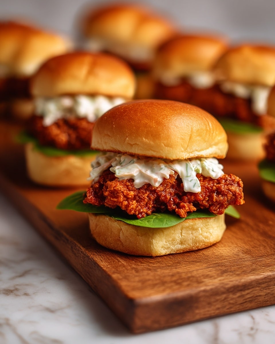 A close-up shows a small sandwich with a soft, shiny brown bun on top and bottom. The bottom bun holds a bright green leafy lettuce. Above the lettuce is a crispy, golden-brown fried chicken piece with a rough texture. On top of the chicken, there is a dollop of creamy white sauce with small bits of red and green, likely from a creamy salad or dressing. Multiple similar sandwiches are blurred in the background on a wooden board, all with the same layers and colors, placed on a white marbled surface. photo taken with an iphone --ar 4:5 --v 7