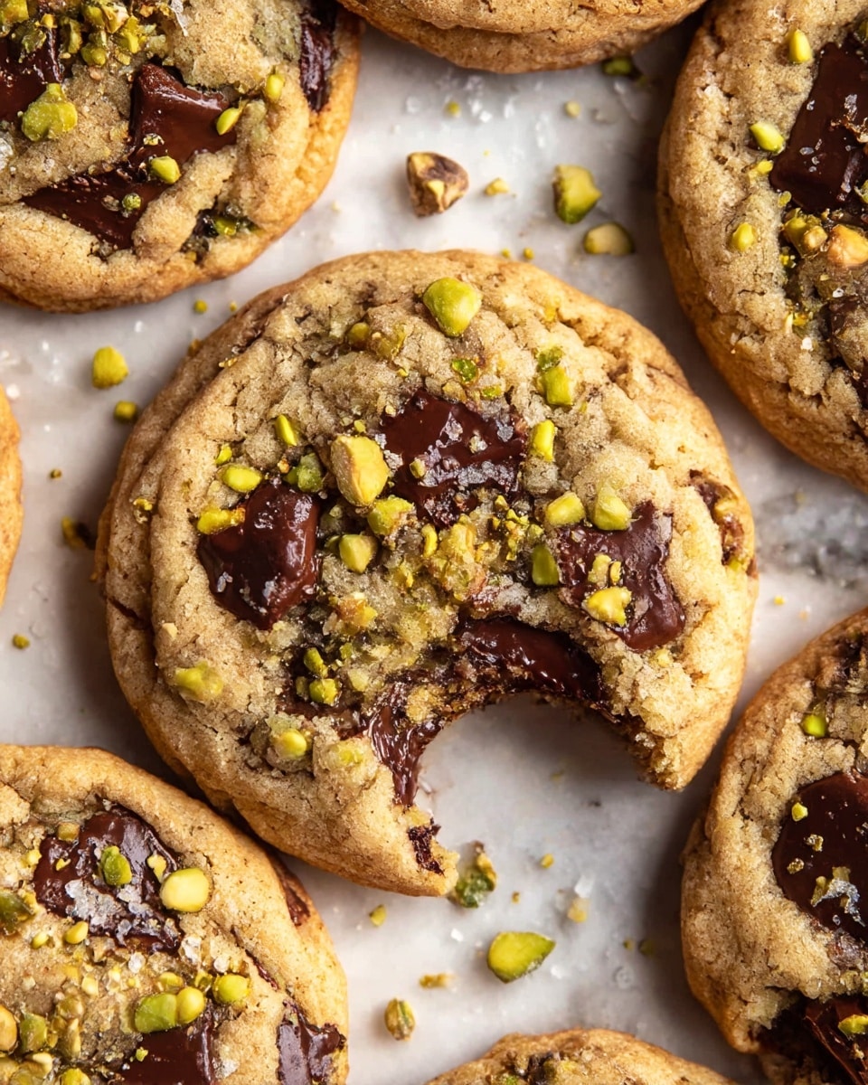 Several soft chocolate chip cookies are arranged on a brown baking sheet. Each cookie has a golden-brown base with large, dark brown melted chocolate chunks spread across the top. There are small pieces of crushed nuts sprinkled over the cookies, adding a rough texture on the surface. One cookie in the center has a bite taken out, revealing a soft, chewy inside with glossy chocolate chunks visible. The background shows a white marbled texture beneath the baking sheet. photo taken with an iphone --ar 4:5 --v 7