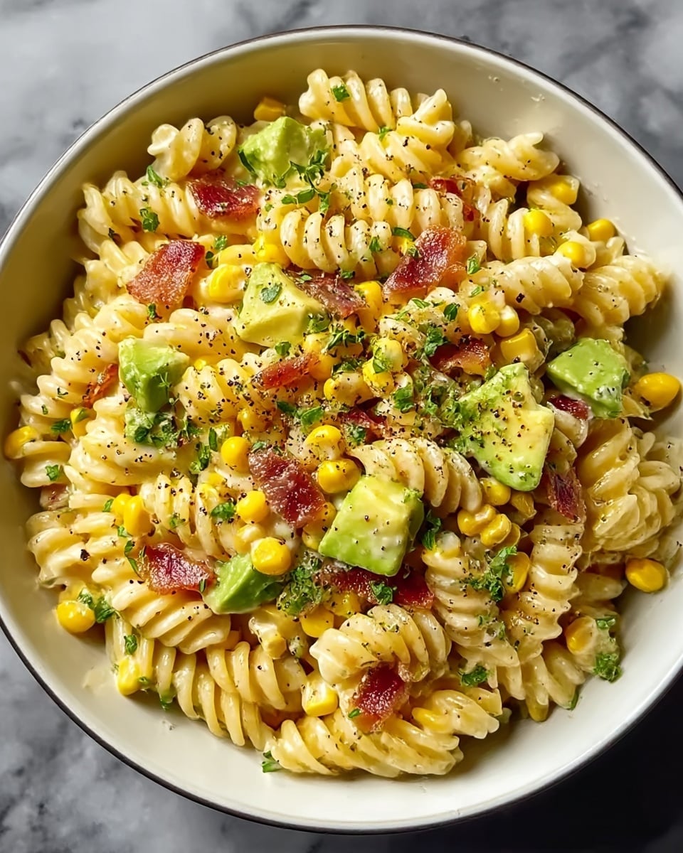 The image shows a bowl of spiral pasta mixed with yellow corn kernels and pieces of green avocado, with some small bits of red tomatoes spread throughout. The pasta is creamy and light beige in color, while the corn adds a bright yellow touch. On top, there are fresh green parsley leaves sprinkled evenly, along with some crumbled white cheese and a few cracks of black pepper. The dish is served in a white bowl with a subtle texture, placed on a white marbled surface. Photo taken with an iphone --ar 4:5 --v 7