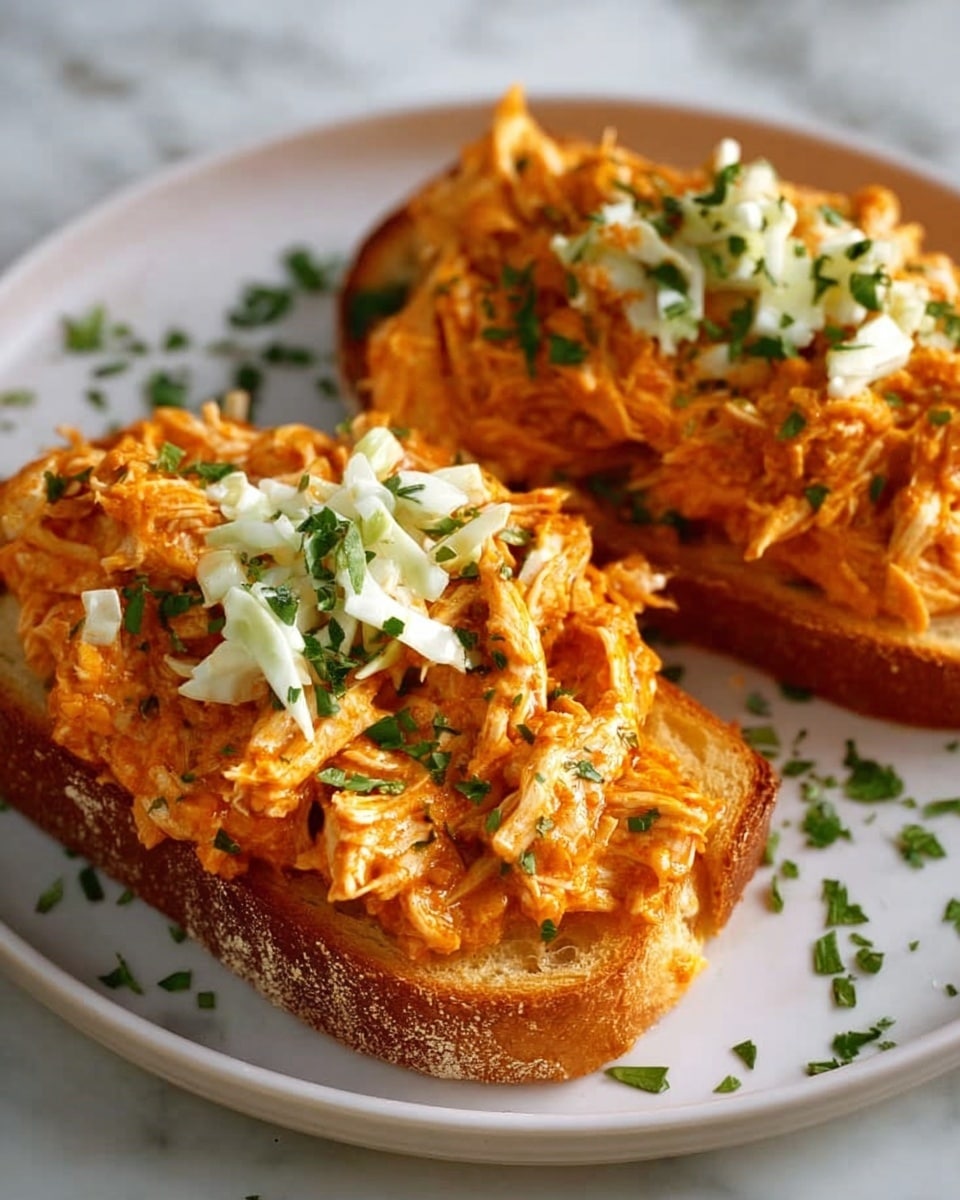 The image shows two open-faced sandwiches on a white plate placed on a white marbled surface. Each sandwich has three layers: the bottom layer is a toasted bread roll with a light brown crust and soft interior; the middle layer is a generous pile of shredded chicken coated in a reddish-orange sauce, making it look juicy and tender; the top layer has a small amount of creamy white coleslaw with bits of green herbs sprinkled on it, adding a fresh touch to the dish. photo taken with an iphone --ar 4:5 --v 7