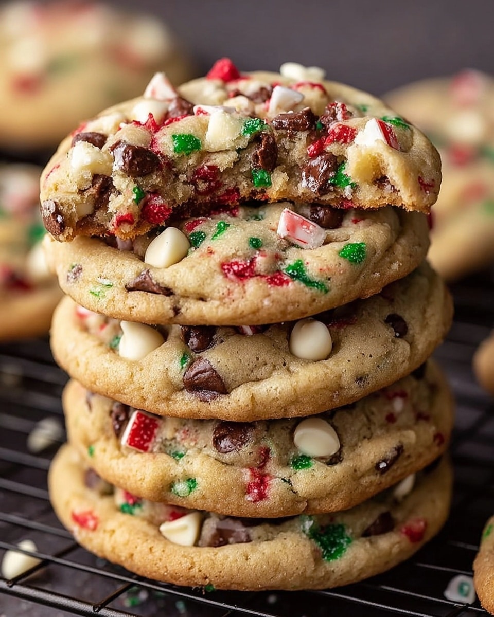 A stack of five thick, soft cookies with a light golden-brown color is shown on a cooling rack against a blurred background. Each cookie is filled with dark chocolate chips, white chocolate chunks, and small red and green candy pieces scattered throughout. The top cookie has a bite taken out, revealing a soft, chewy texture with melted chocolate inside. The cookies have slightly cracked edges and a smooth, studded surface from the chocolate and candies. photo taken with an iphone --ar 4:5 --v 7
