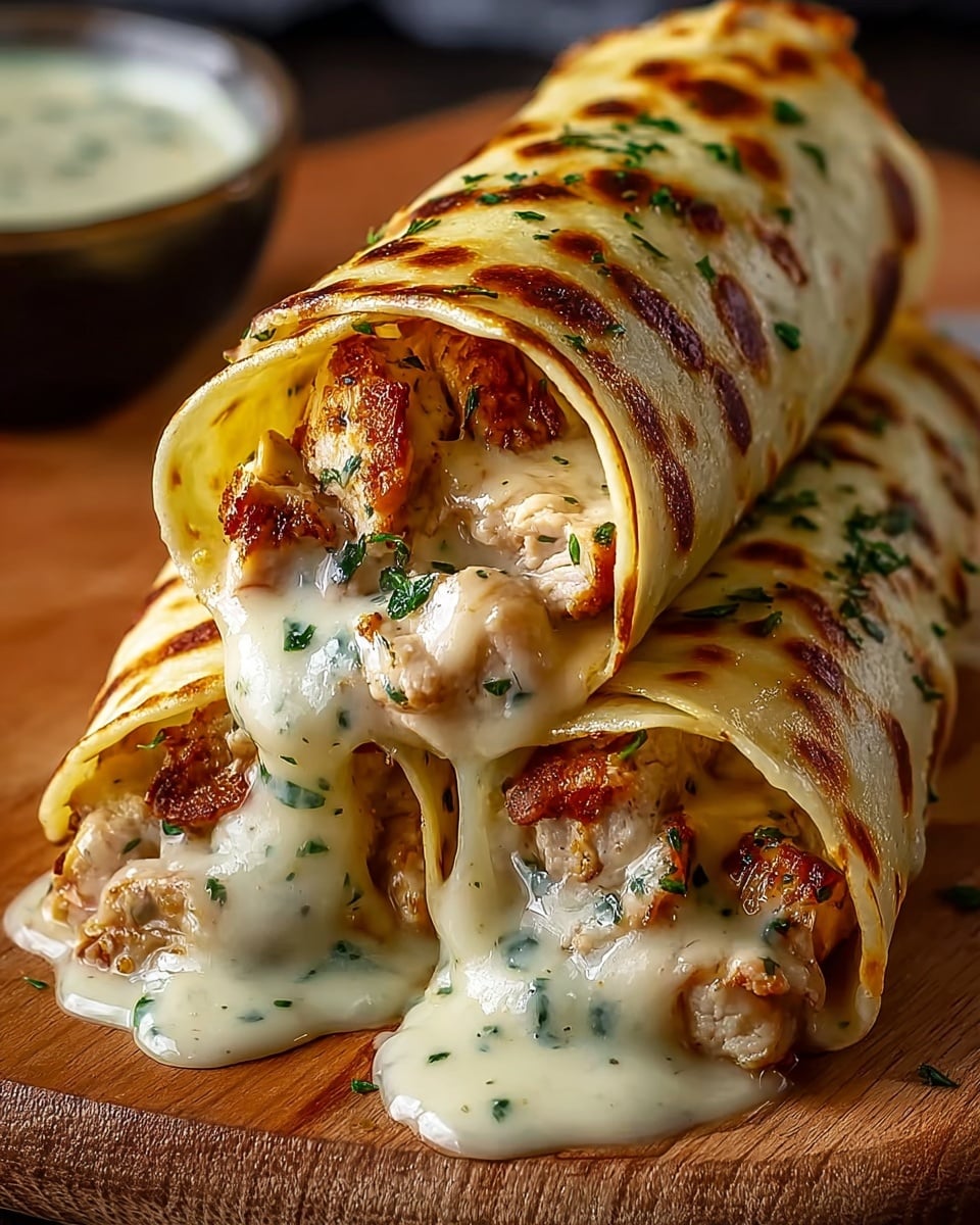 The image shows three rolled crepes stacked on a white marbled surface. Each crepe has a golden-brown, slightly crispy exterior with small patches of toasted color. Inside, there are chunks of browned grilled chicken mixed with fresh green herbs, all covered with a creamy white cheese sauce that is melting and oozing out. The top crepe's filling is visible, with the sauce dripping down the sides, creating a rich and appetizing look. A blurry glass with a light-colored drink is in the background. photo taken with an iphone --ar 4:5 --v 7