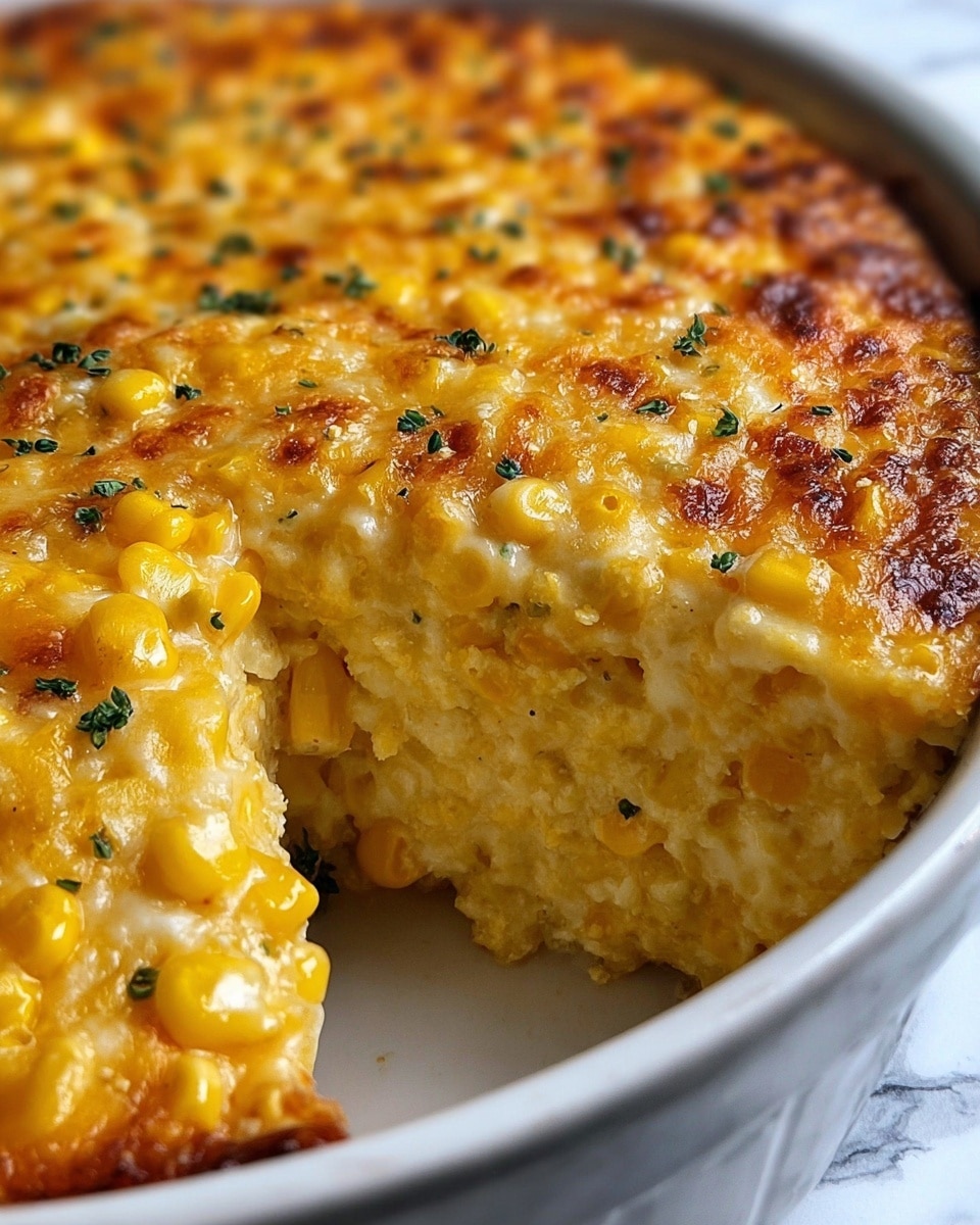 A close-up view of a creamy corn casserole in a white dish, showing a thick layer of golden yellow corn kernels mixed with melted white and yellow cheese, topped with small green herb pieces. The surface is bubbly and slightly browned in spots, with a gooey texture visible where a scoop has been taken out from the side, revealing the thick, creamy inside full of corn and cheese. The dish is placed on a white marbled surface. photo taken with an iphone --ar 4:5 --v 7