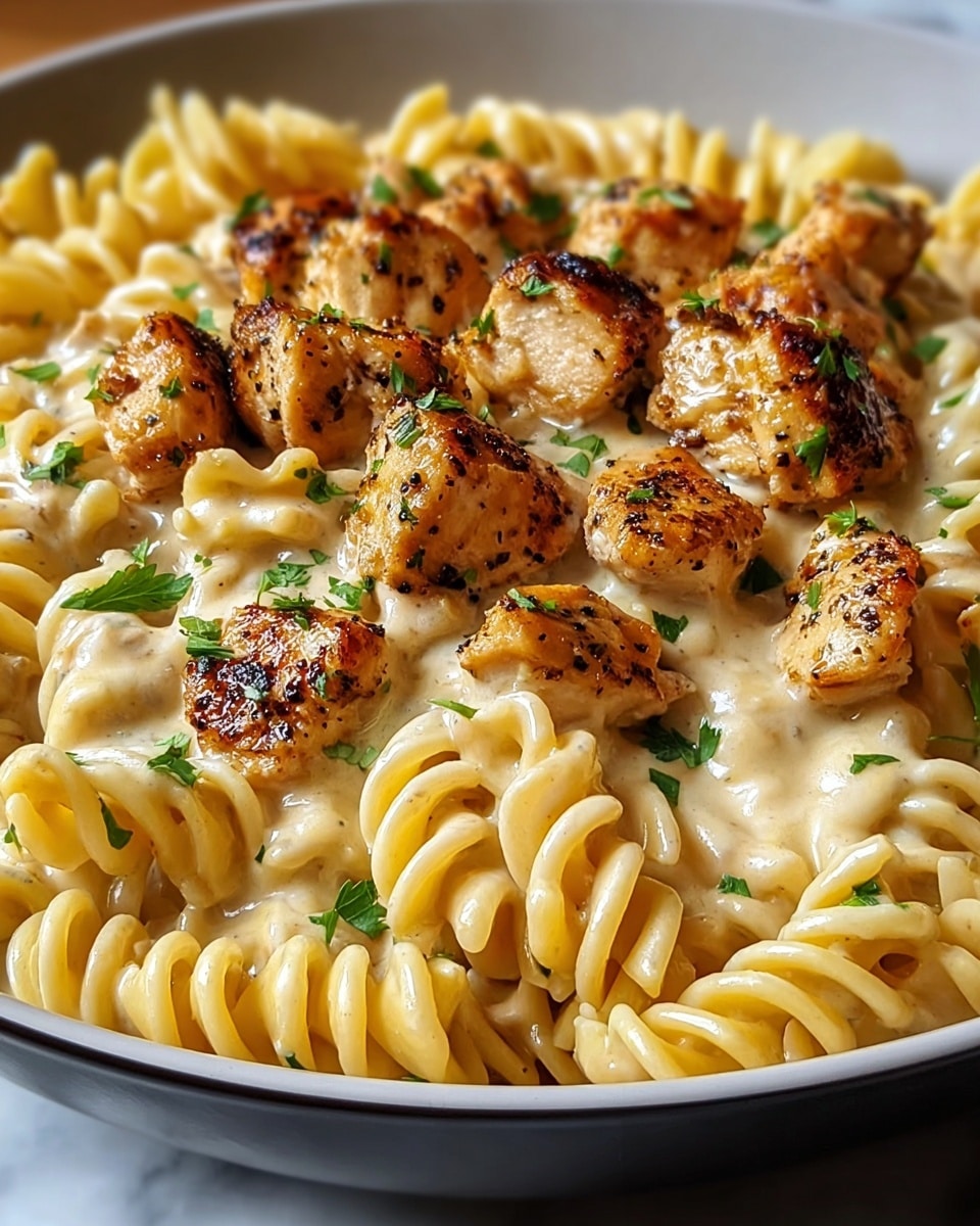 A close-up view of a dish with two layers: the bottom layer is a bed of twisted rotini pasta, creamy and coated in a smooth, light beige sauce. On top, there are several pieces of grilled chicken, each piece golden brown with charred spots and crisp edges. Small chopped green herbs are scattered over the pasta and chicken, adding a touch of freshness. The dish is served in a white bowl with a black rim, placed on a white marbled surface. photo taken with an iphone --ar 4:5 --v 7