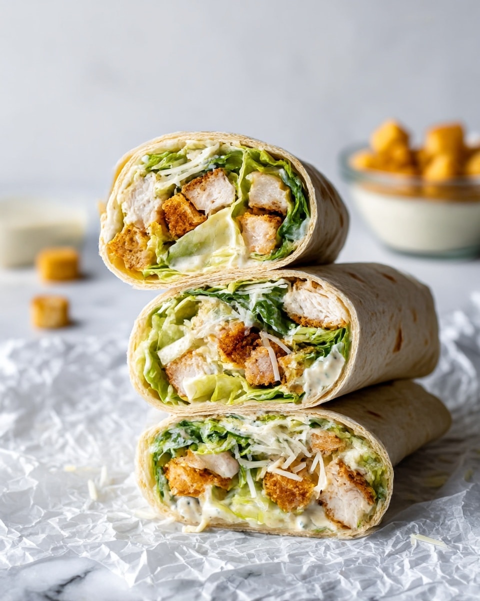 The image shows three wrap halves stacked on a white marbled surface with parchment paper underneath. Each wrap is made with a soft, light beige tortilla shell folded around three main layers: crispy golden-brown breaded chicken pieces, fresh bright green lettuce, and a creamy light beige sauce drizzled generously throughout. The wraps reveal shredded white cheese sprinkled inside as well. In the background, slightly blurred, there's a small white bowl filled with a creamy sauce and scattered golden-brown croutons. The overall look is fresh and creamy with a mix of crunchy and soft textures. photo taken with an iphone --ar 4:5 --v 7