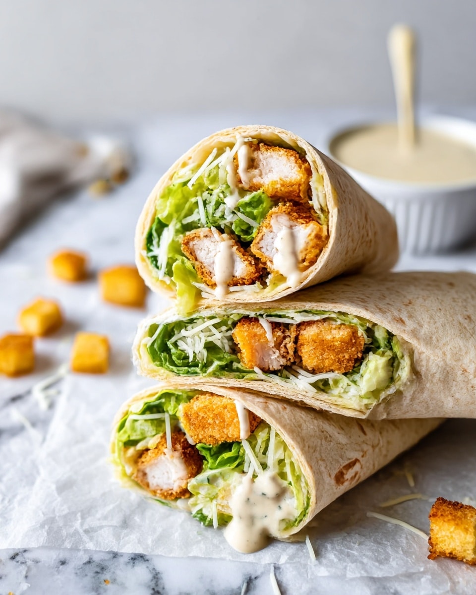 Three wrap halves are stacked in a pyramid shape on crinkled white paper over a white marbled surface. Each wrap has a light beige, soft tortilla outer layer, inside which are multiple layers: green crisp lettuce, golden brown crispy chicken pieces, creamy white dressing, and some shredded white cheese scattered throughout. The wraps are cut cleanly, showing all ingredients packed tightly inside. In the background, a small glass bowl with more creamy sauce and some golden croutons are slightly out of focus. photo taken with an iphone --ar 4:5 --v 7