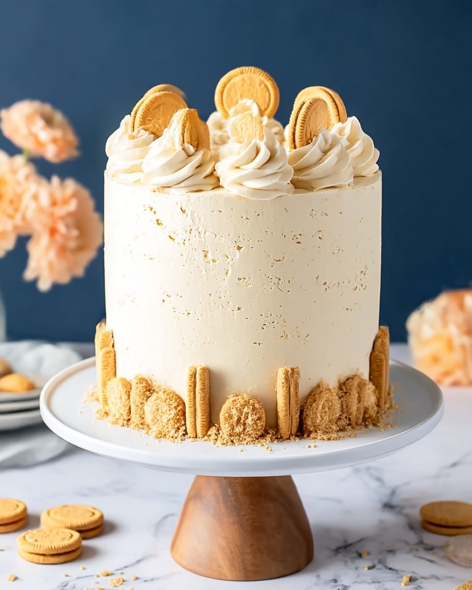 A tall cake with three layers covered in off-white creamy frosting with a slightly rough texture is placed on a wooden cake stand. Around the bottom edge, there is a ring of golden sandwich cookies, each cut in half and standing upright. On top of the cake, there are eight swirls of the same creamy frosting, evenly spaced, with a full golden sandwich cookie inserted vertically into the center of each swirl. The background is a dark blue color and there are some soft peach flowers visible on the left. The whole scene is set on a white marbled surface. photo taken with an iphone --ar 4:5 --v 7