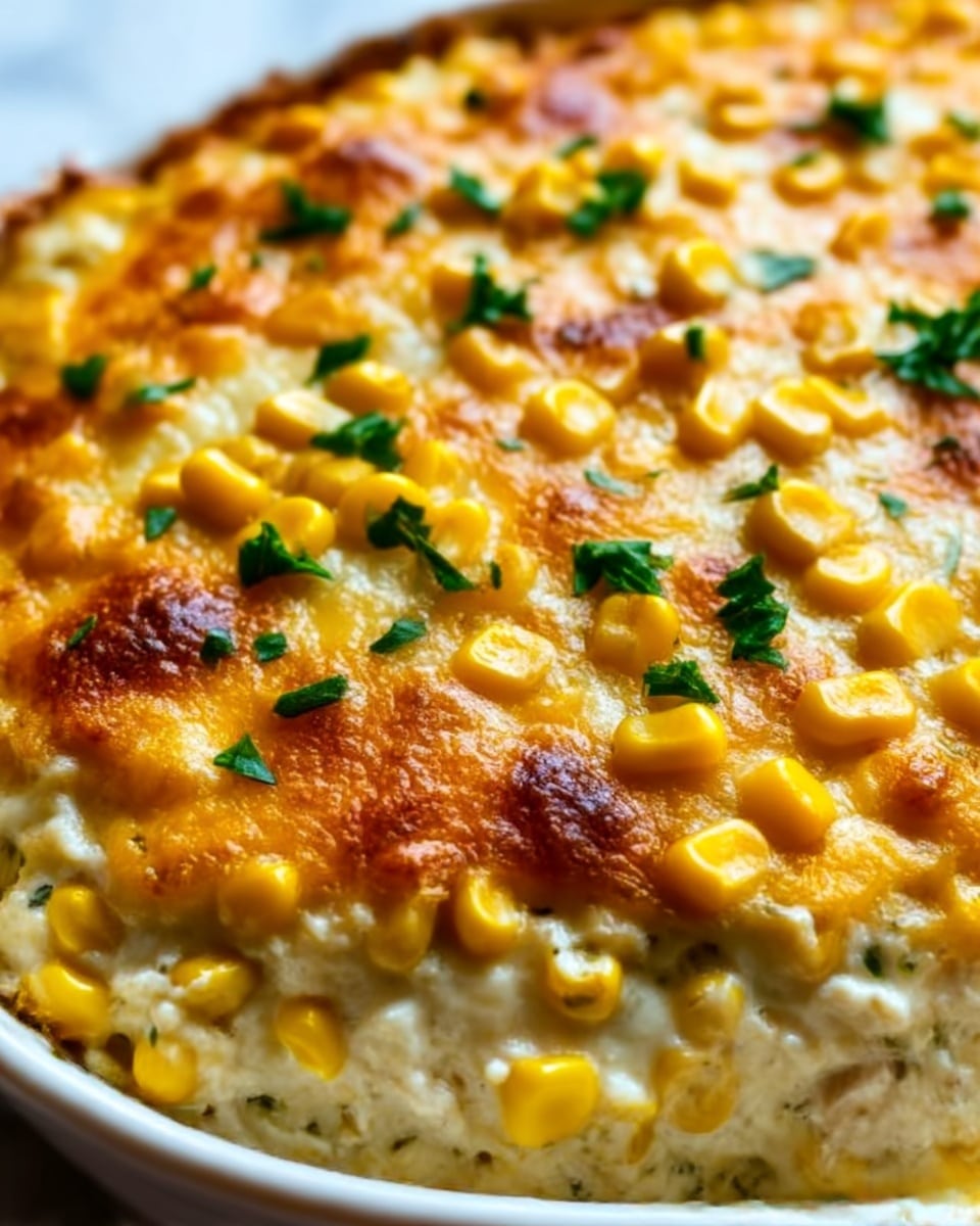 A black casserole dish filled with a layered rice dish sits on a white marbled surface. The bottom layer is a mix of reddish-orange rice with visible pieces of cooked chicken and bits of black beans. The top layer is melted yellow and white cheese mixed with yellow corn kernels, scattered evenly across the surface. Fresh green cilantro leaves are sprinkled on top for garnish. The rice has a slightly moist and textured look, with the melted cheese pulling slightly in places, showing the layers below. Photo taken with an iphone --ar 4:5 --v 7